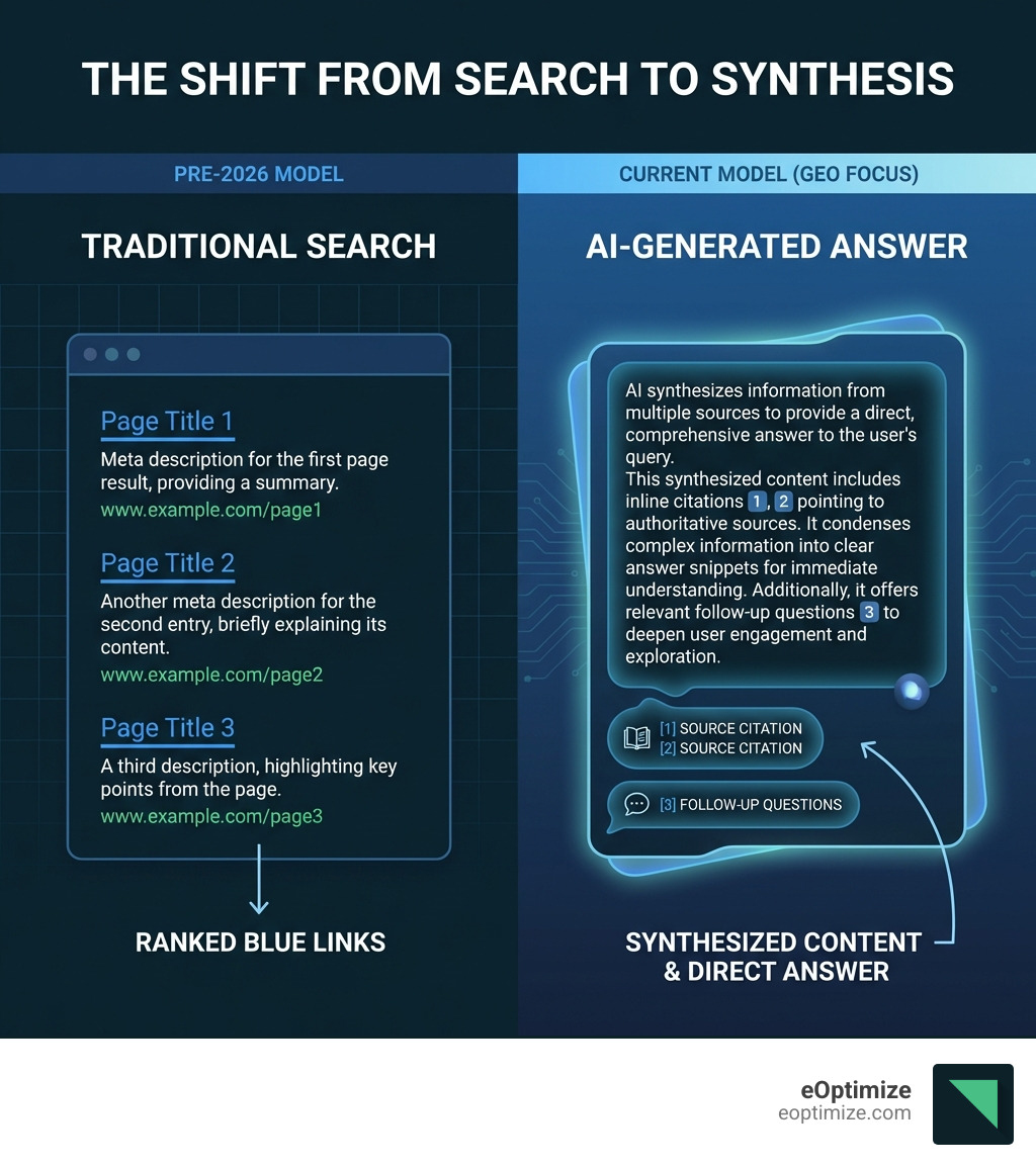 Infographic comparing traditional search results showing ranked blue links with page titles, meta descriptions, and URLs versus AI-generated answers displaying synthesized content with inline source citations, answer snippets, and follow-up questions - generative engine optimization geo digital marketing strategies infographic Infographic comparing traditional search results showing ranked blue links with page titles, meta descriptions, and URLs versus AI-generated answers displaying synthesized content with inline source citations, answer snippets, and follow-up questions - generative engine optimization geo digital marketing strategies infographic