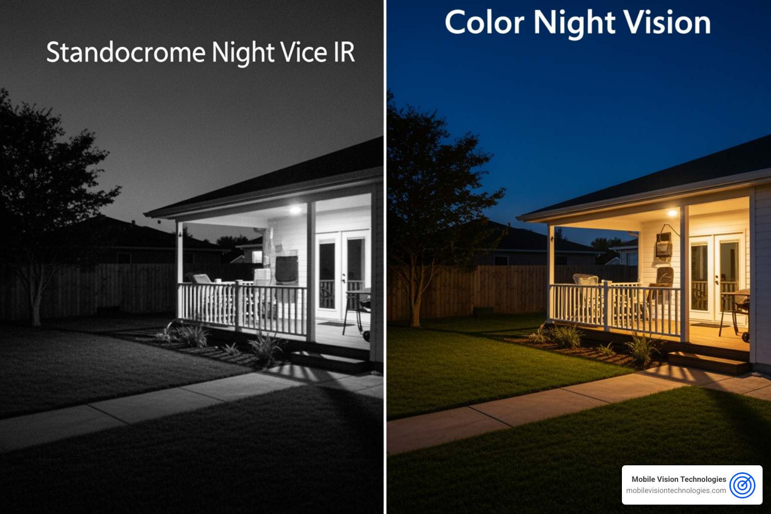 image demonstrating the difference between standard night vision and color night vision. - portable wireless wifi remote view camera with audio