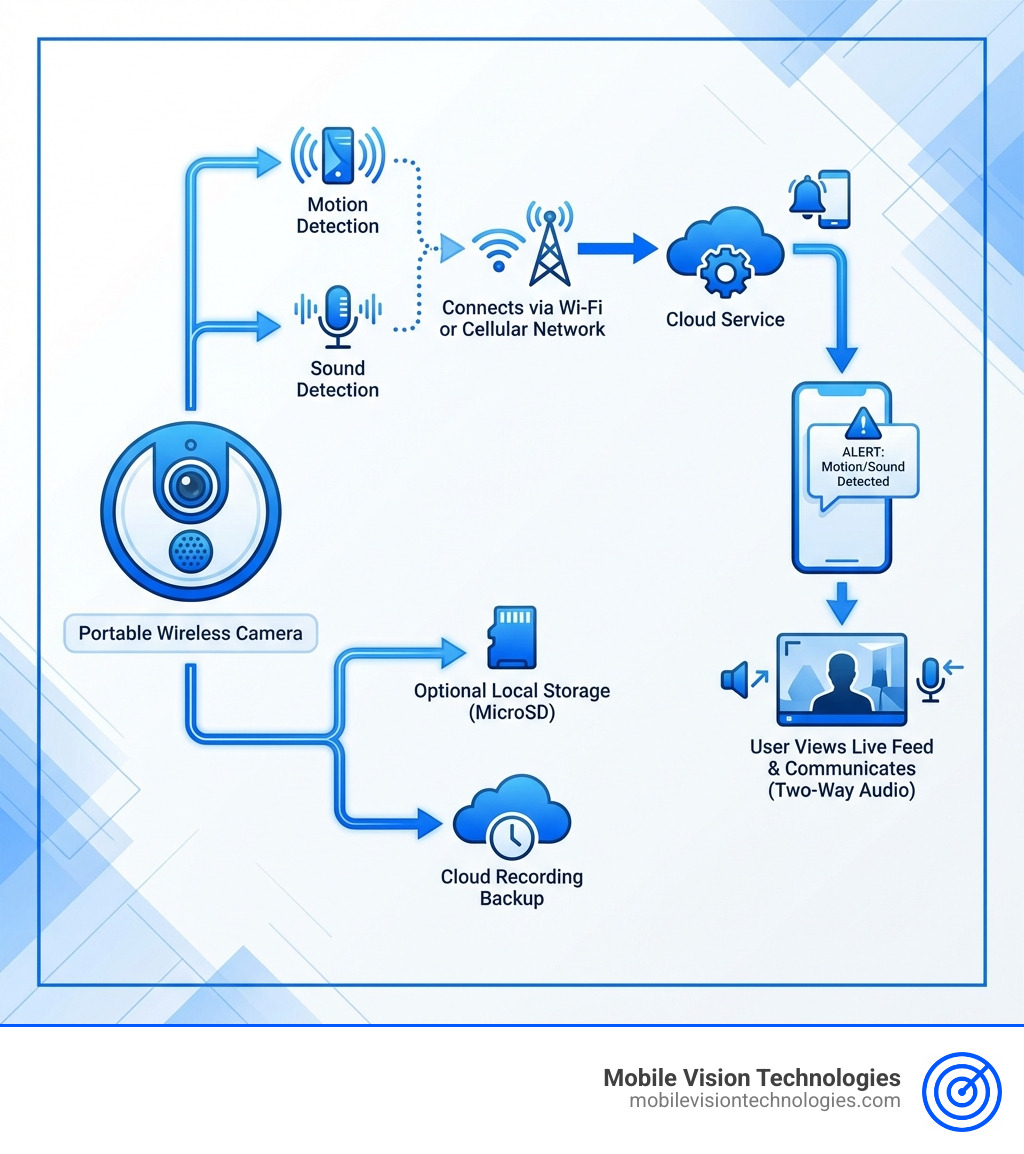 Infographic showing how a portable wireless wifi remote view camera with audio works: camera detects motion or sound, connects via wifi or cellular network to cloud service, sends alert notification to smartphone app, user views live feed and communicates through two-way audio, with optional local storage on microsd card and cloud recording backup - portable wireless wifi remote view camera with audio infographic 