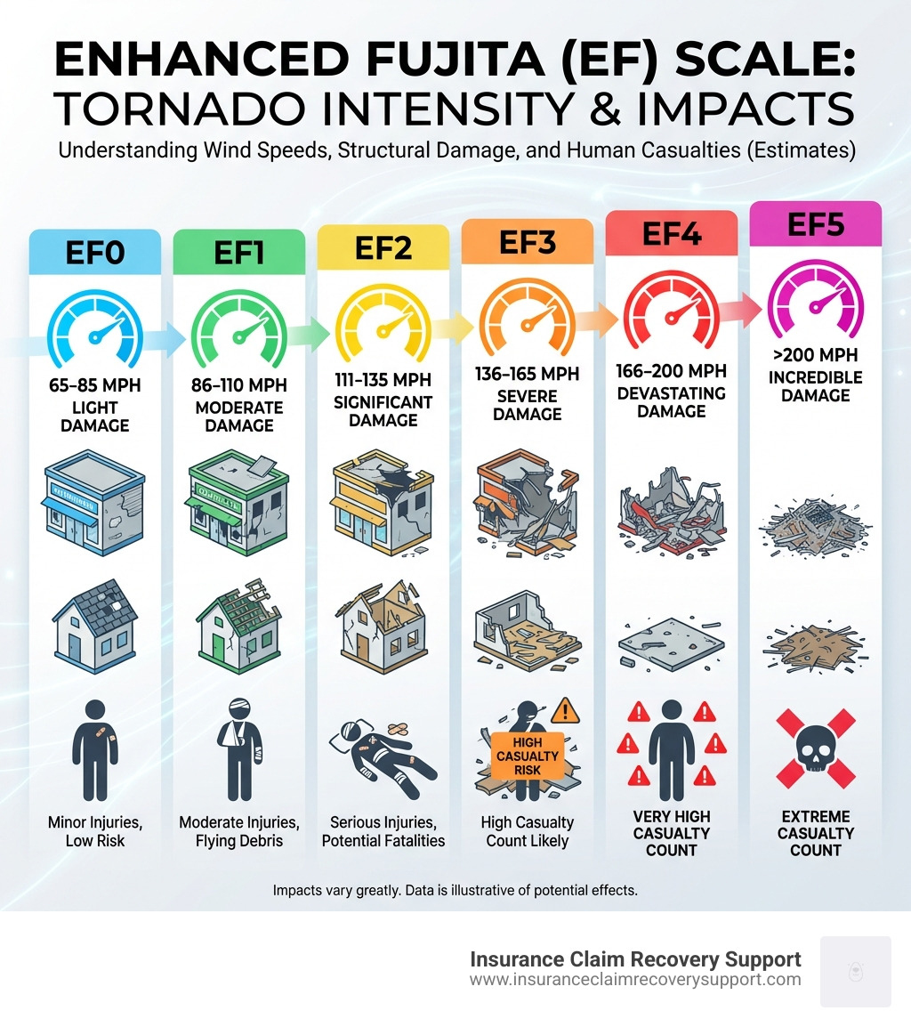 infographic showing the Enhanced Fujita Scale from EF0 to EF5 with wind speeds, damage descriptions, and typical impacts on commercial buildings, residential structures, and human casualties for each category - what effects do tornadoes have on humans infographic 