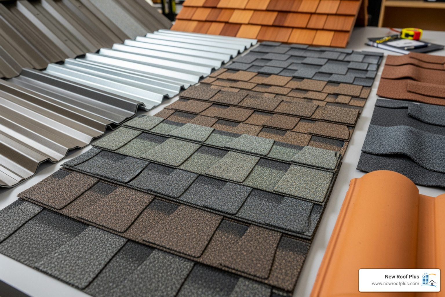 various roofing material samples like asphalt, metal, and composite shingles - roofing company fort collins