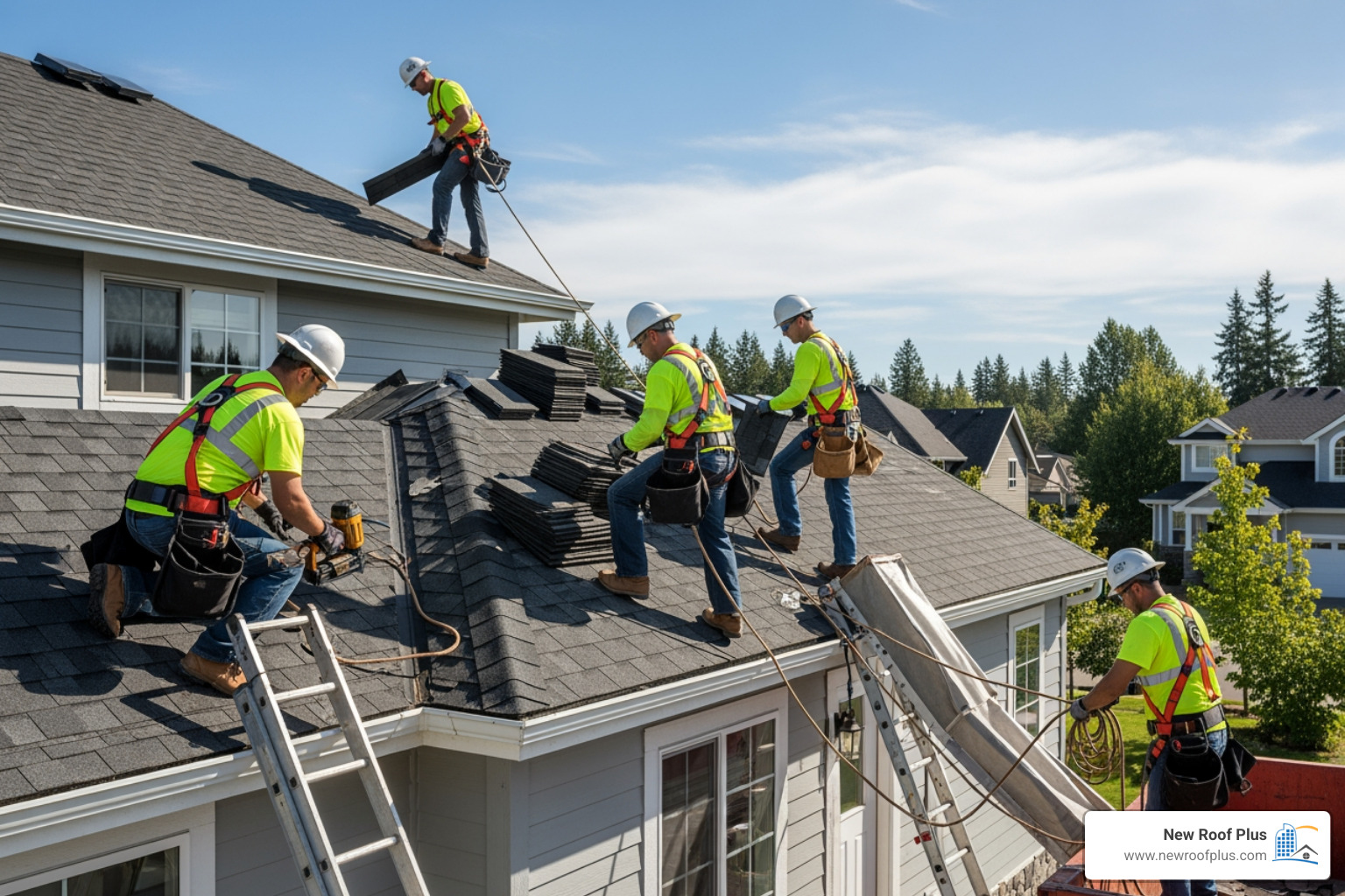 a roofing team safely working on a residential roof - roofing company fort collins