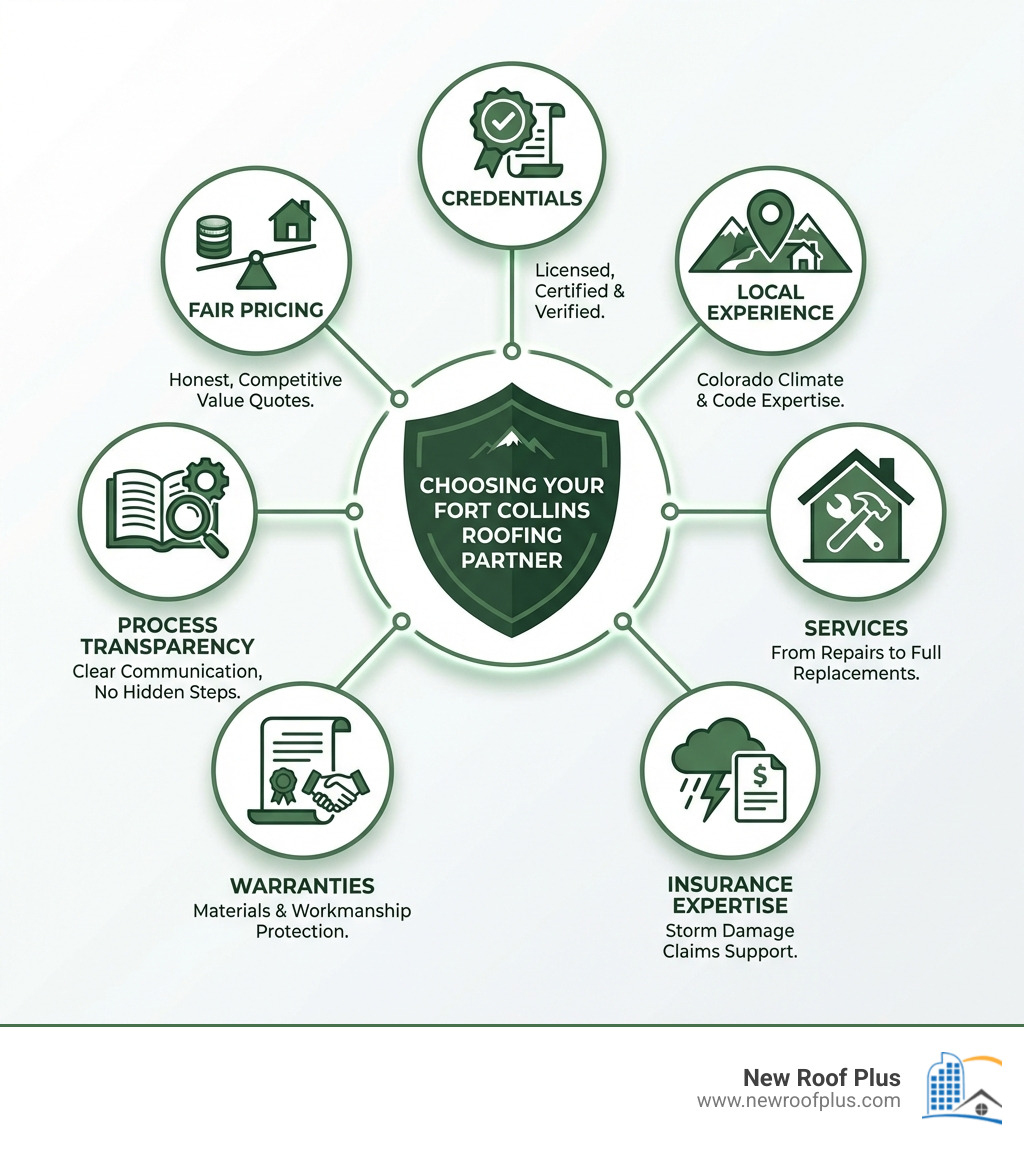 Infographic detailing key factors for choosing a roofing company in Fort Collins, including credentials, local experience, services, insurance expertise, warranties, process transparency, and fair pricing - roofing company fort collins infographic 