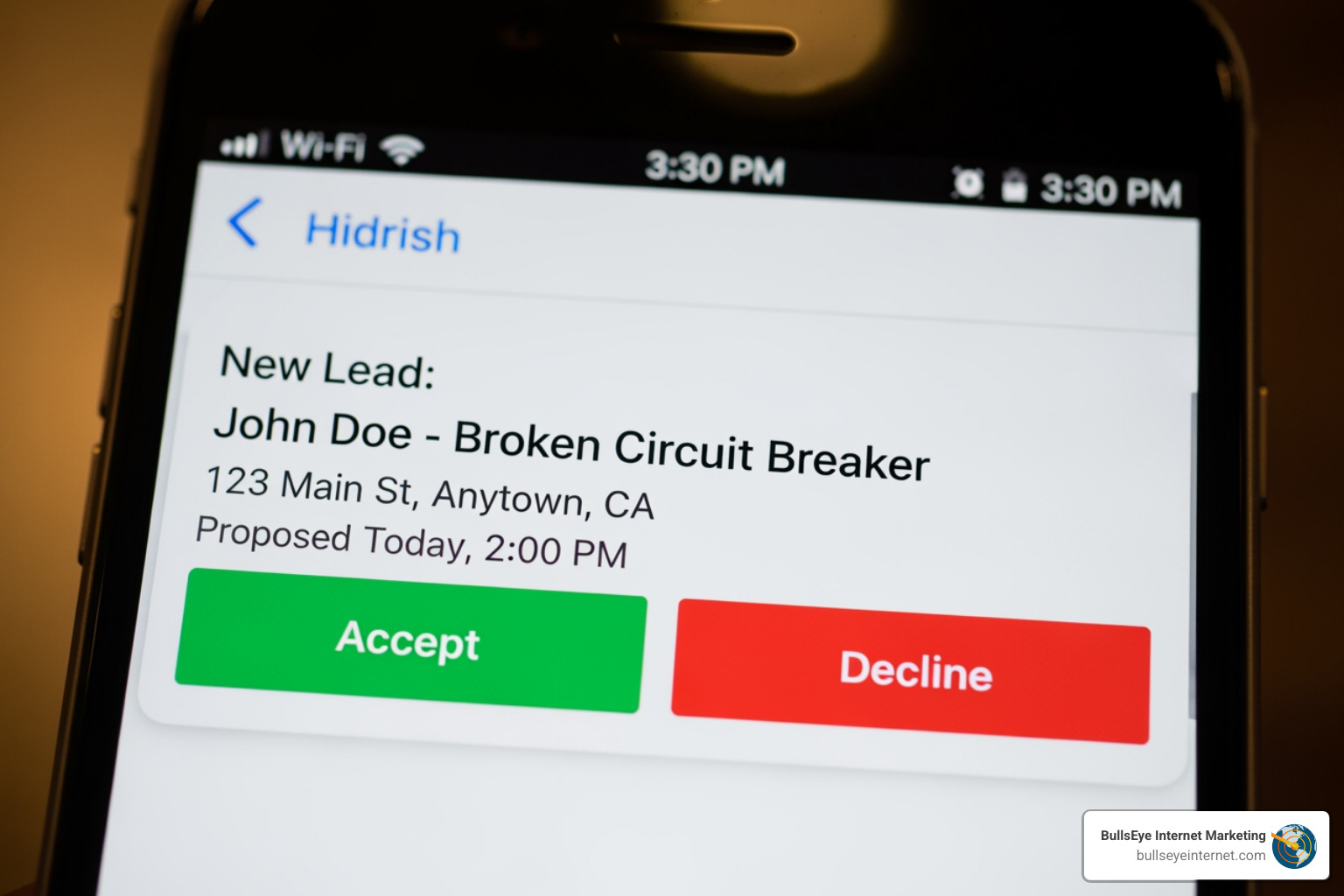 Smartphone screen displaying a new lead notification for electrical services, featuring details about a broken circuit breaker and options to accept or decline the lead, branded with BullsEye Internet Marketing.