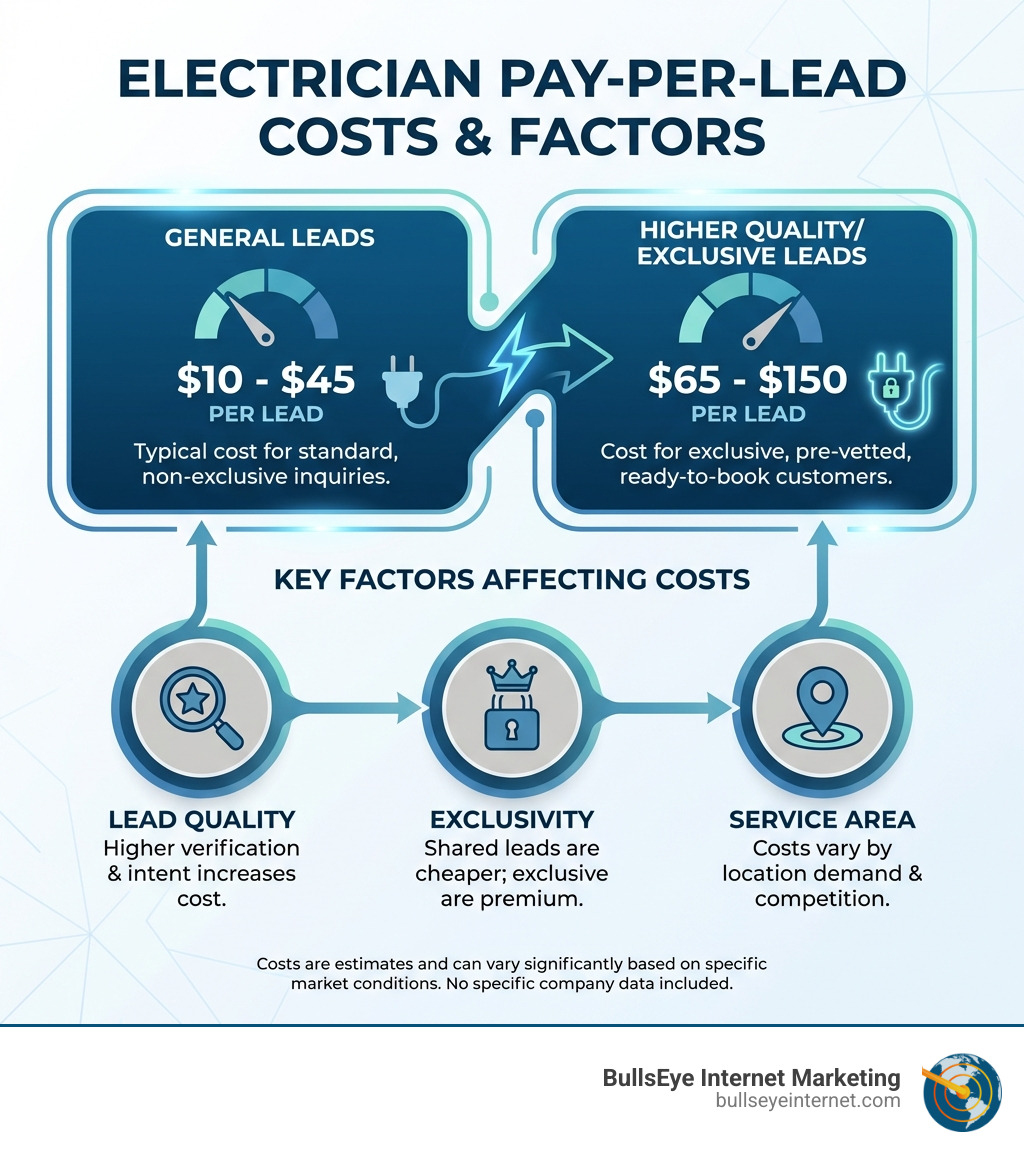 Infographic illustrating electrician pay-per-lead costs and factors, featuring general leads priced at $10-$45 and exclusive leads at $65-$150, with key factors affecting costs such as lead quality, exclusivity, and service area, branded with BullsEye Internet Marketing logo.