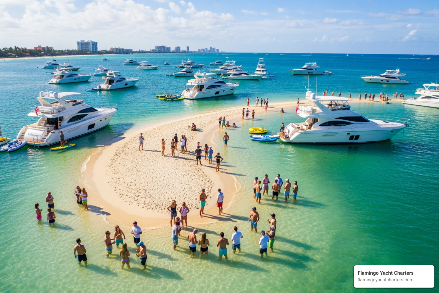 aerial view of the Fort Lauderdale sandbar with several yachts and groups - fort lauderdale sandbar tour