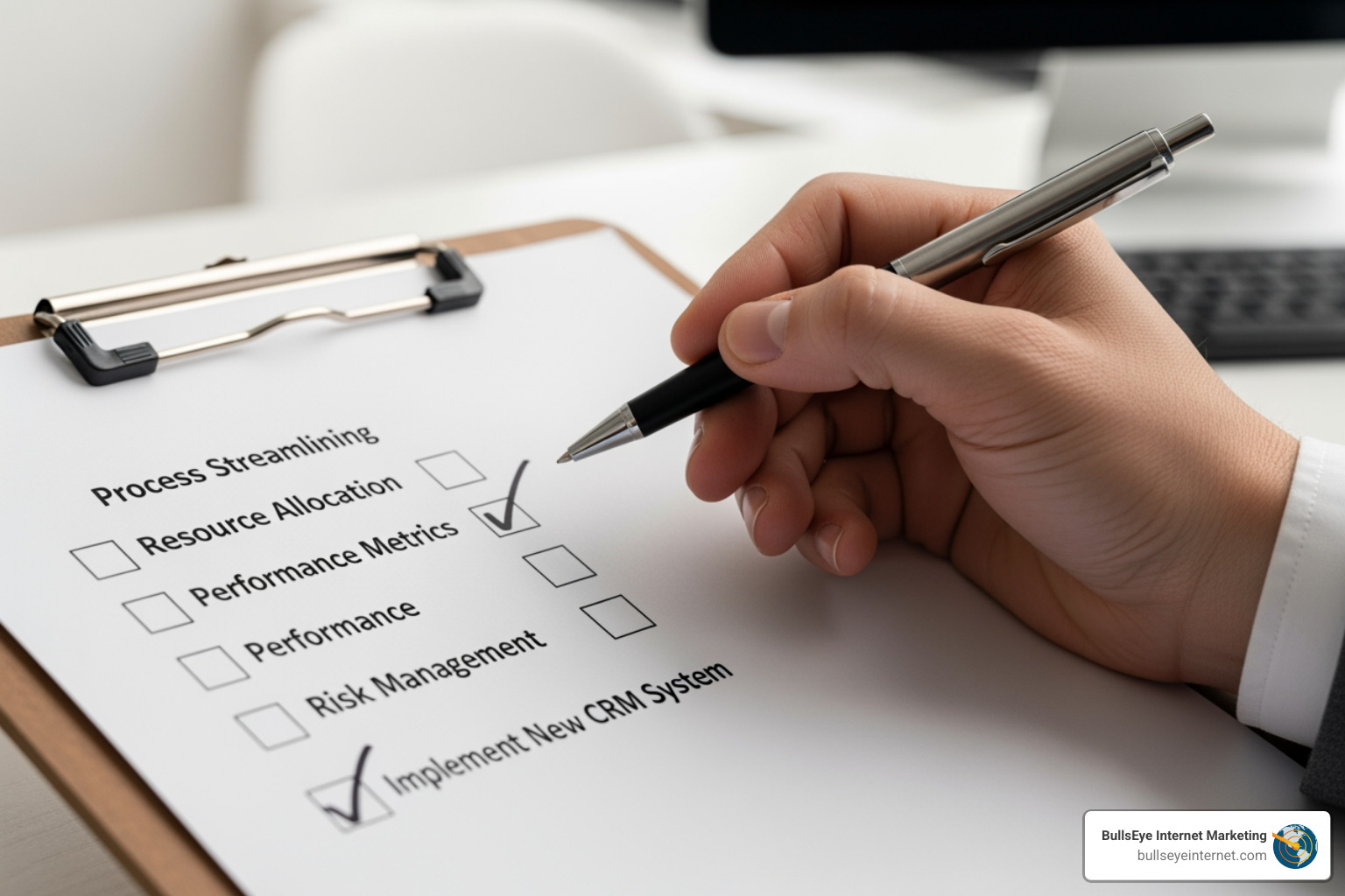Hand checking off items on a clipboard with a checklist titled "Performance Metrics" and other business-related tasks, symbolizing effective management strategies for electrician pay-per-lead services.