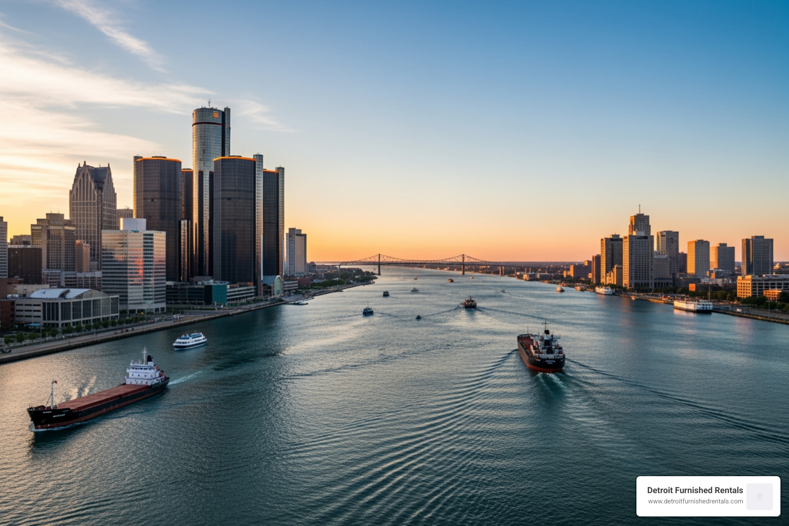 Detroit River skyline with Windsor, Canada - Detroit historic bar tours