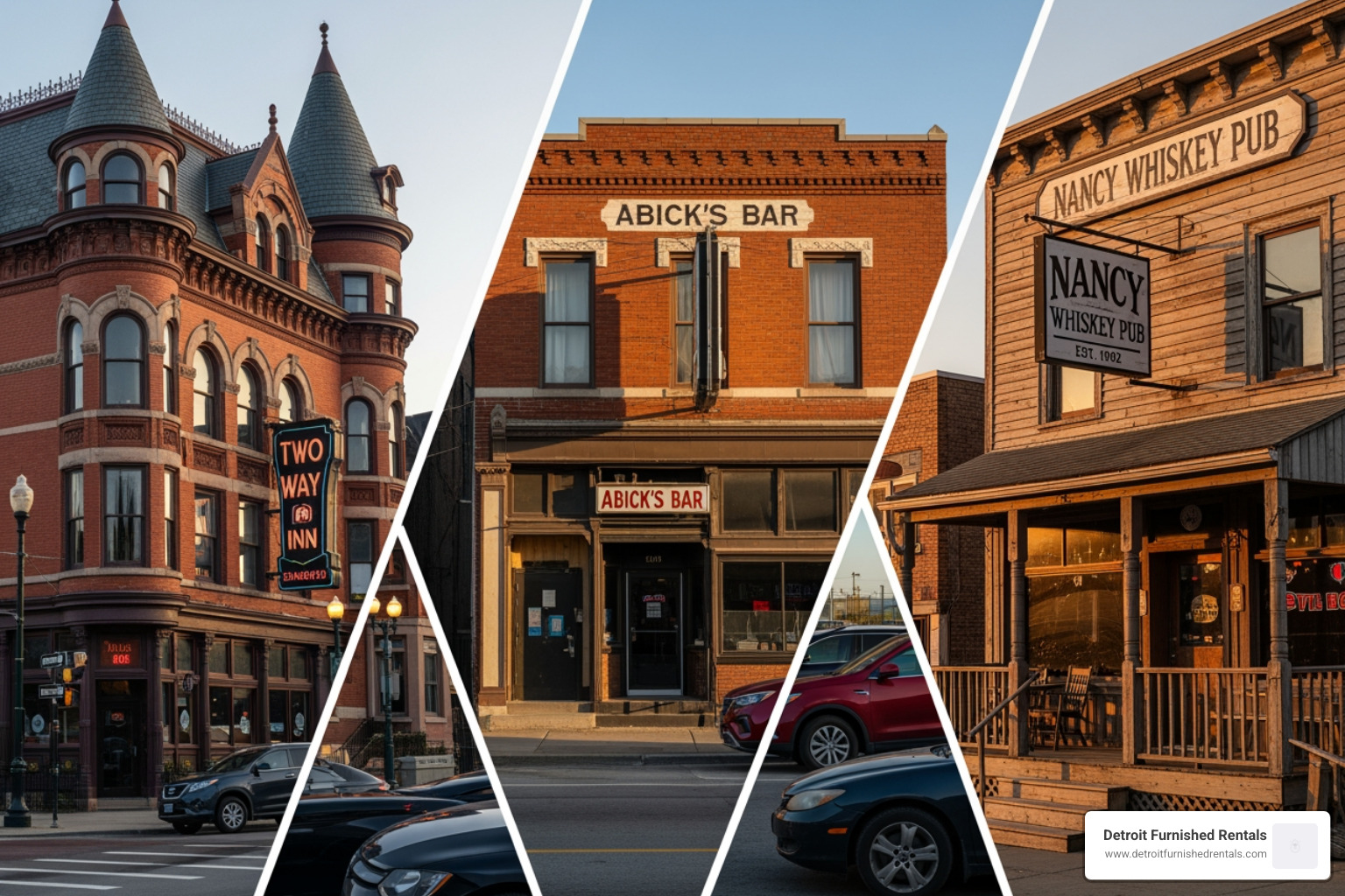 Collage of Two Way Inn, Abick's Bar, and Nancy Whiskey Pub exteriors - Detroit historic bar tours
