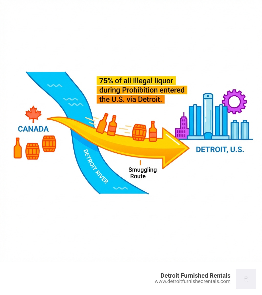 Infographic showing Detroit's role in Prohibition, with an arrow indicating the Detroit River as a smuggling route from Canada, and text stating '75% of all illegal liquor during Prohibition entered the U.S. via Detroit.' - Detroit historic bar tours infographic 
