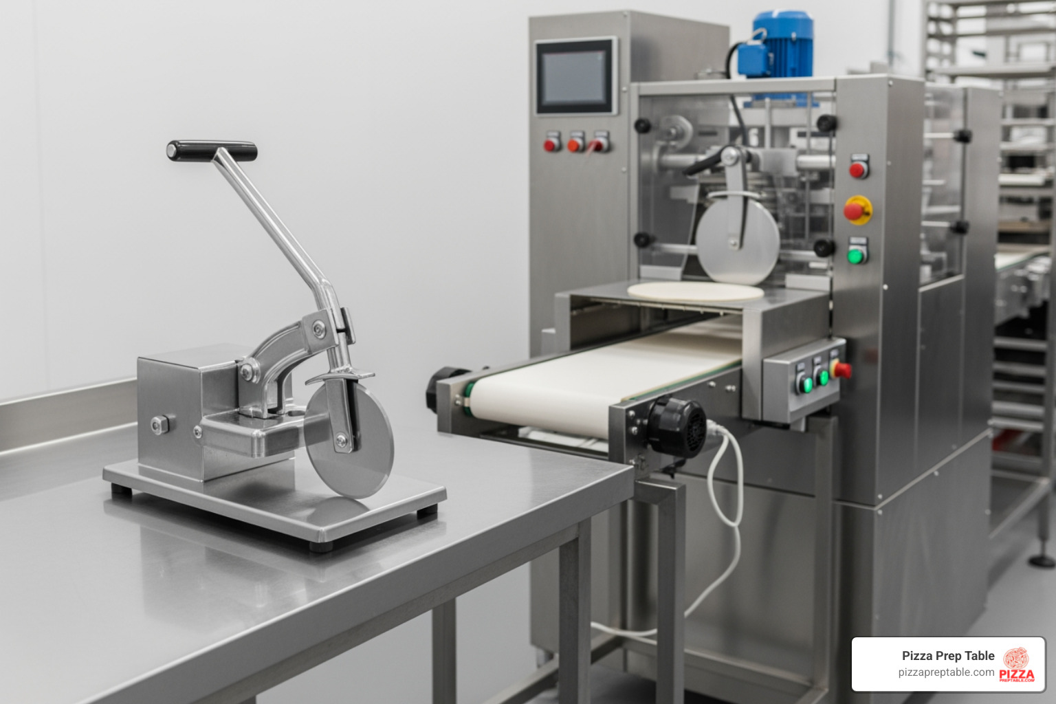 manual pizza cutter press on prep table and automated inline model - pizza cutter press