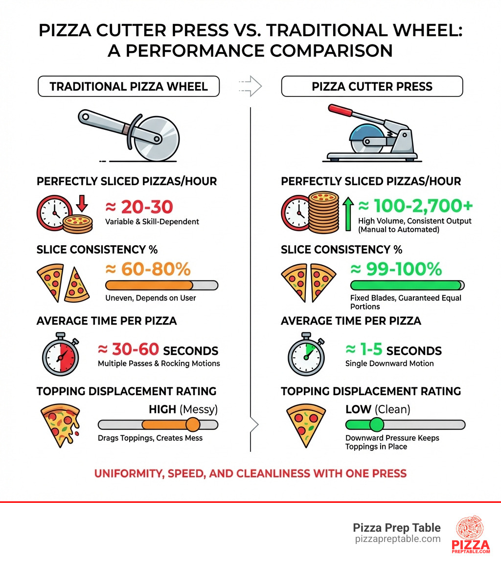 infographic comparing traditional pizza wheel versus pizza cutter press showing number of perfectly sliced pizzas per hour, slice consistency percentage, average time per pizza, and topping displacement rating - pizza cutter press infographic 