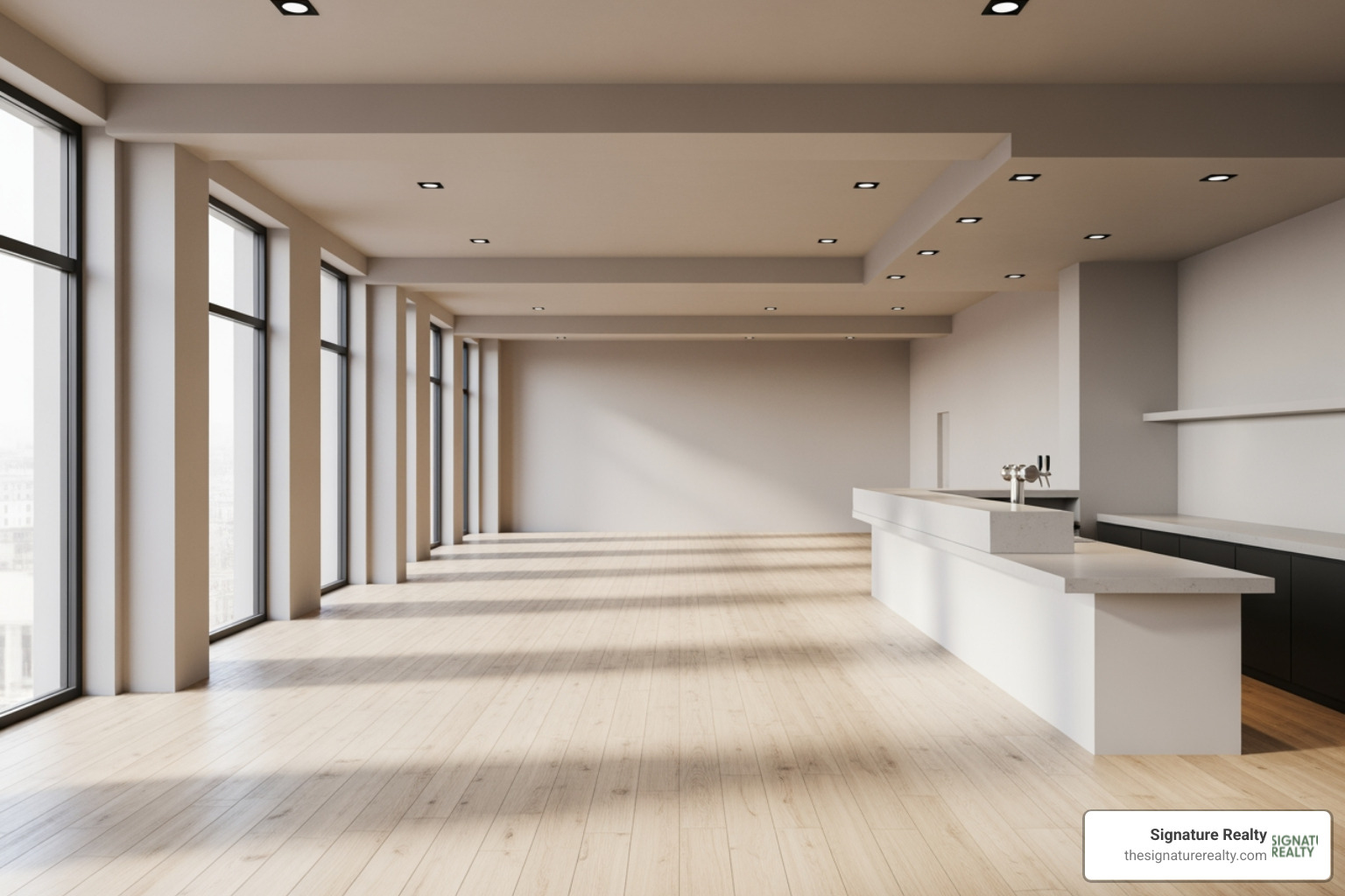 A modern, empty restaurant interior ready for customization - Restaurant space for lease A modern, empty restaurant interior ready for customization - Restaurant space for lease