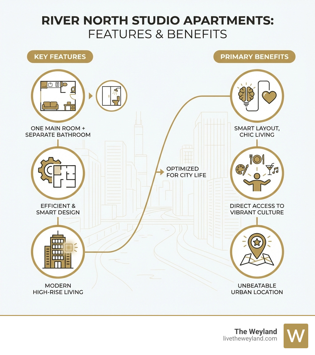 Key features and benefits of studio apartments in River North Chicago - studio apartments river north chicago infographic 