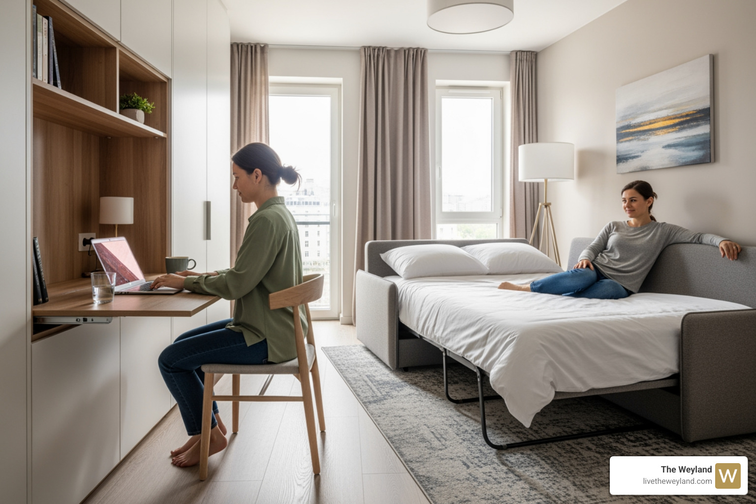 A person using multi-purpose furniture in a studio apartment - studio apartments river north chicago