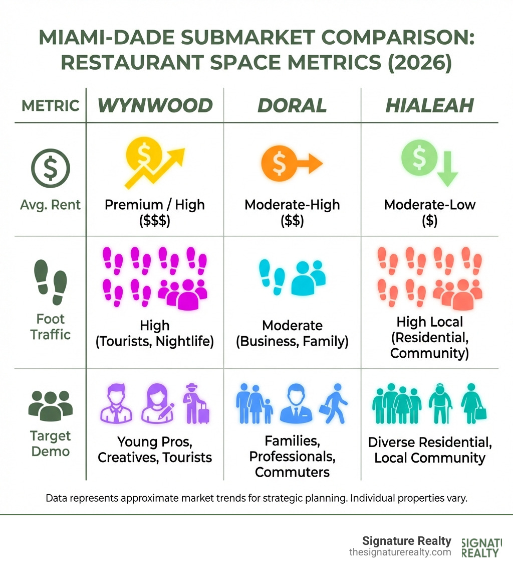 TABLE comparing key metrics (Avg. Rent, Foot Traffic, Target Demo) for Wynwood vs. Doral vs. Hialeah - Restaurant space for lease infographic TABLE comparing key metrics (Avg. Rent, Foot Traffic, Target Demo) for Wynwood vs. Doral vs. Hialeah - Restaurant space for lease infographic