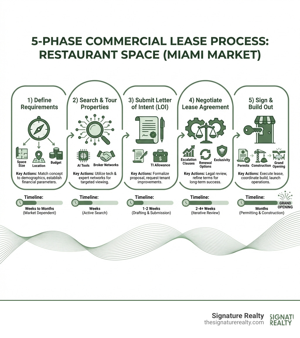 Step-by-step infographic showing the 5-phase commercial lease process: 1) Define Requirements (space size, location, budget), 2) Search & Tour Properties (leverage broker networks and AI tools), 3) Submit Letter of Intent (propose terms, request TI allowance), 4) Negotiate Lease Agreement (review escalation clauses, renewal options, exclusivity), 5) Sign & Build Out (coordinate permits, construction, and grand opening) with timeline estimates for Miami market - Restaurant space for lease infographic Step-by-step infographic showing the 5-phase commercial lease process: 1) Define Requirements (space size, location, budget), 2) Search & Tour Properties (leverage broker networks and AI tools), 3) Submit Letter of Intent (propose terms, request TI allowance), 4) Negotiate Lease Agreement (review escalation clauses, renewal options, exclusivity), 5) Sign & Build Out (coordinate permits, construction, and grand opening) with timeline estimates for Miami market - Restaurant space for lease infographic