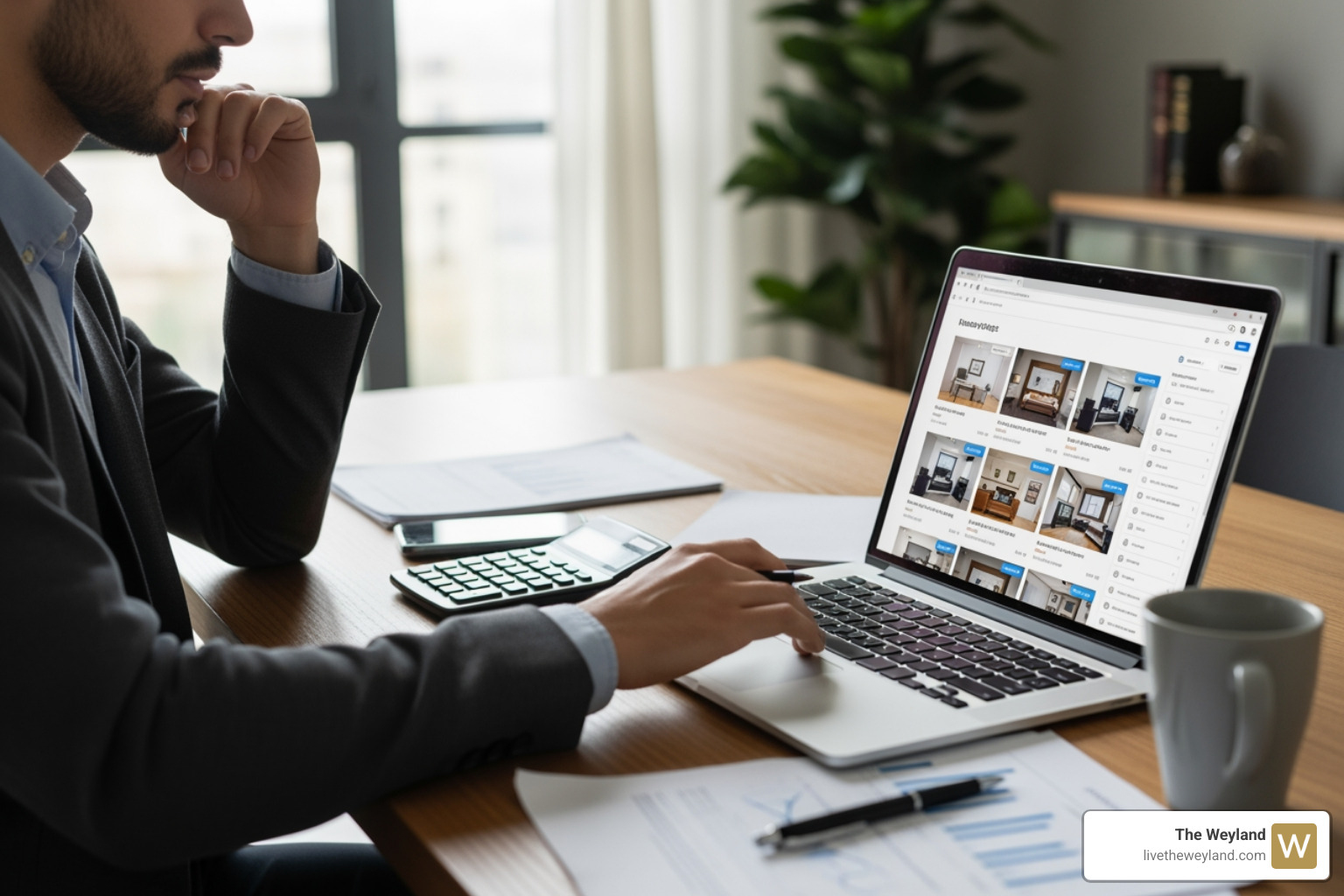 A person reviewing their budget with a calculator and laptop showing apartment listings - studio apartments river north chicago