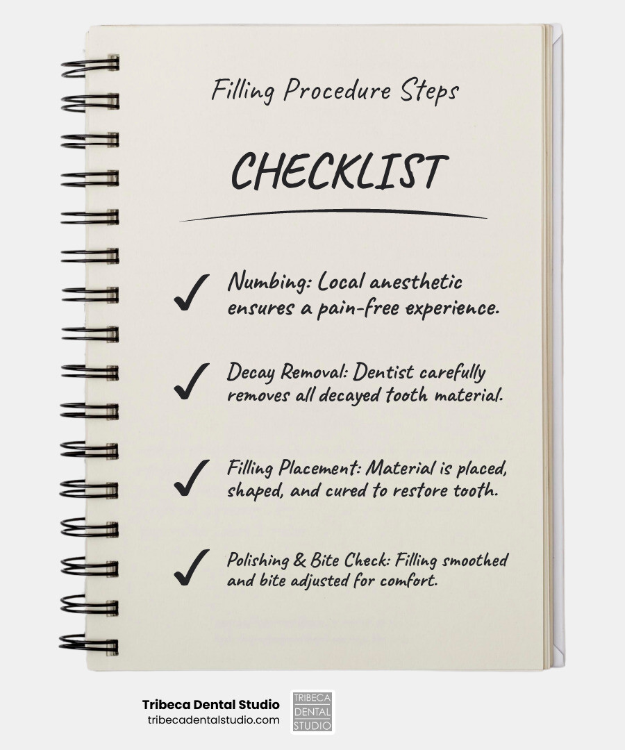 infographic showing the 5 main steps of getting a dental filling: 1) Numbing with local anesthetic 2) Removing decay with dental drill or laser 3) Placing filling material in layers 4) Curing with UV light 5) Polishing and checking bite alignment - what to expect when getting a filling infographic checklist-notebook infographic showing the 5 main steps of getting a dental filling: 1) Numbing with local anesthetic 2) Removing decay with dental drill or laser 3) Placing filling material in layers 4) Curing with UV light 5) Polishing and checking bite alignment - what to expect when getting a filling infographic checklist-notebook