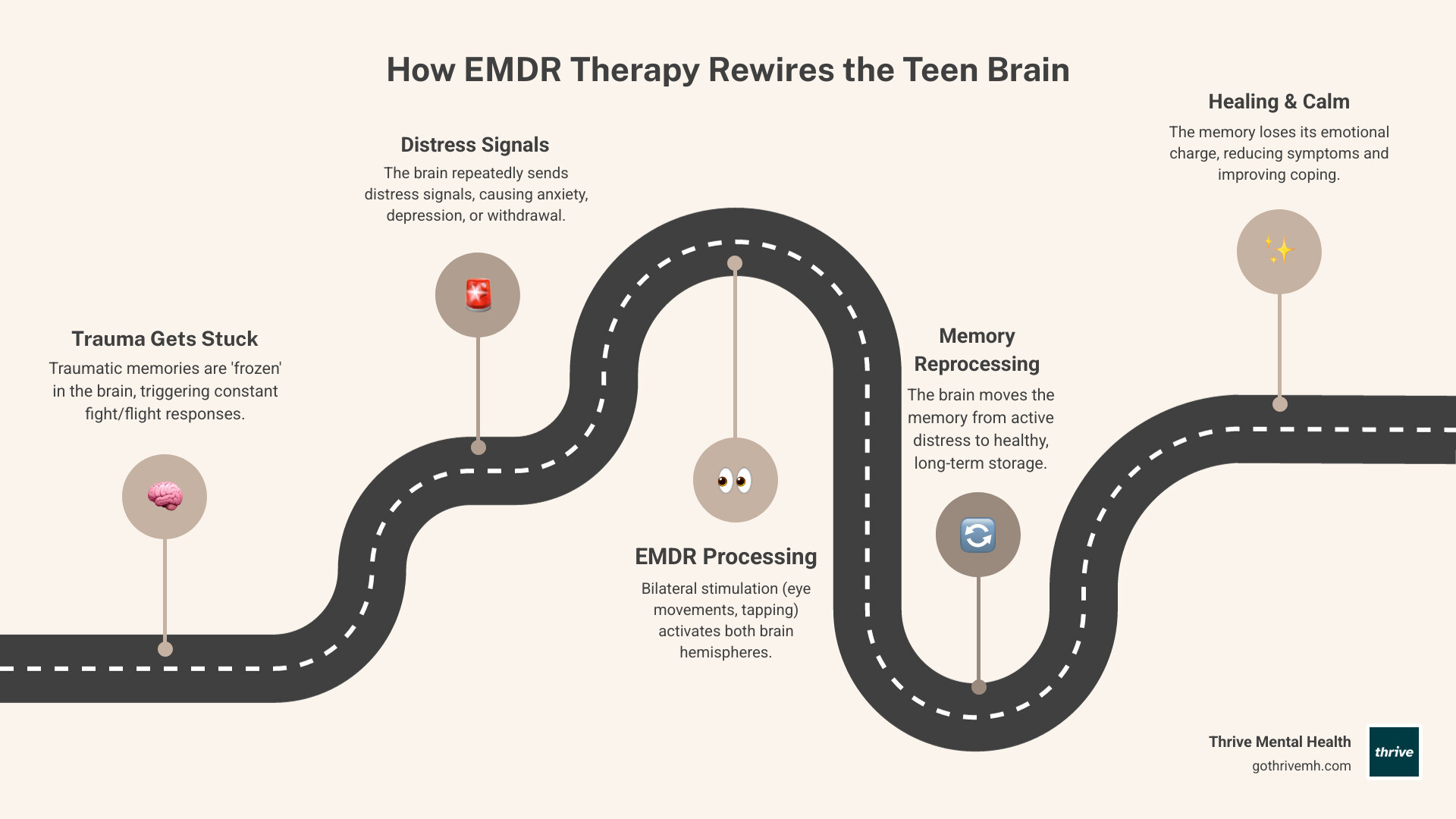 Infographic showing how EMDR therapy for teens works: trauma memory enters the brain, gets stuck in amygdala causing fight/flight responses, EMDR bilateral stimulation helps move memory to long-term storage where it loses emotional charge, result is reduced symptoms and improved coping - emdr therapy for teens infographic roadmap-5-steps