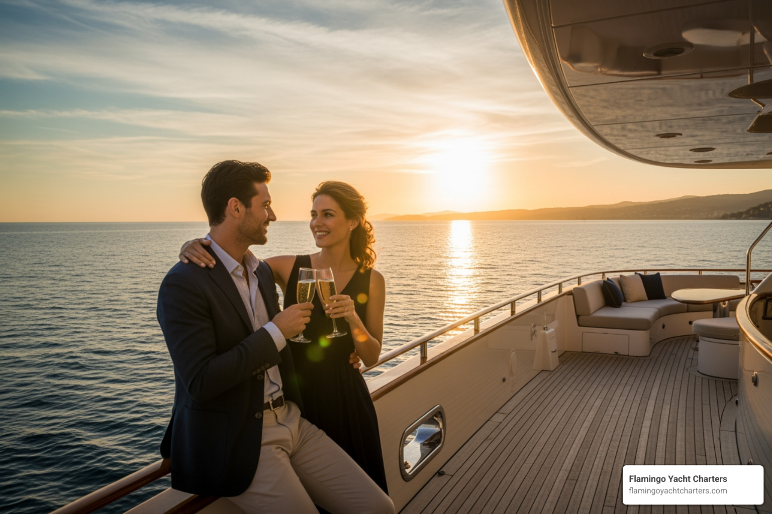 Couple toasting with champagne on a yacht’s deck at golden hour. - boat rentals las olas fort lauderdale