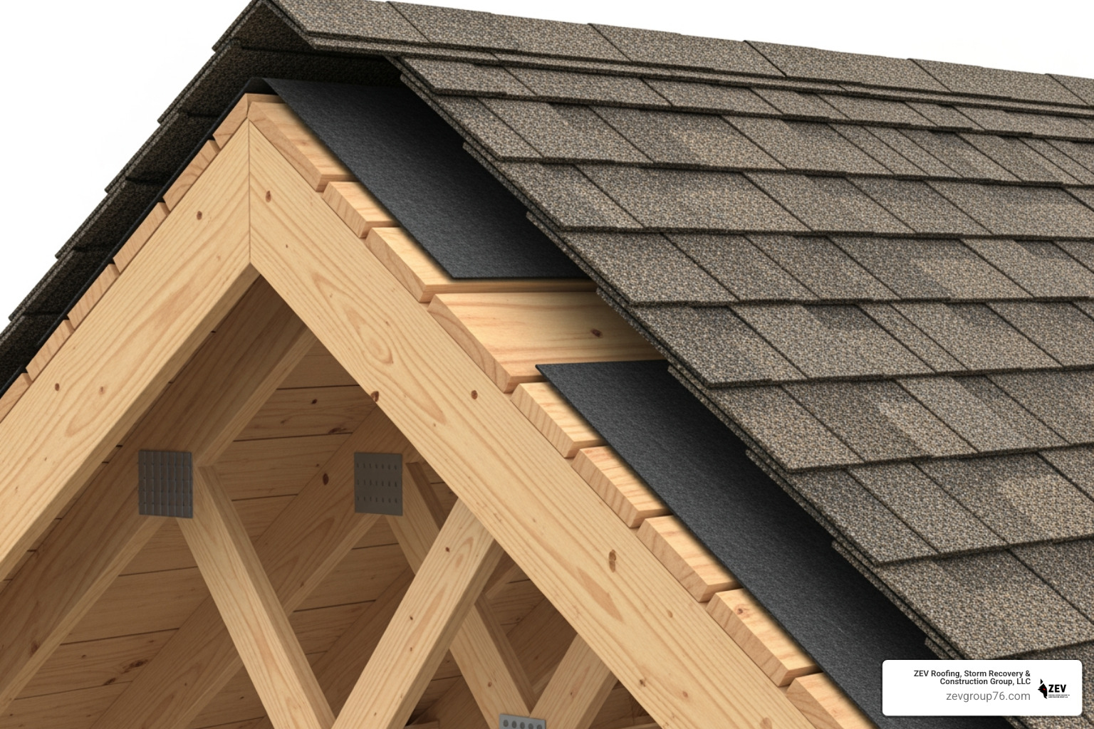 A cutaway view showing the layers of a roofing system, including shingles, underlayment, sheathing, and rafters - Roofing for homes