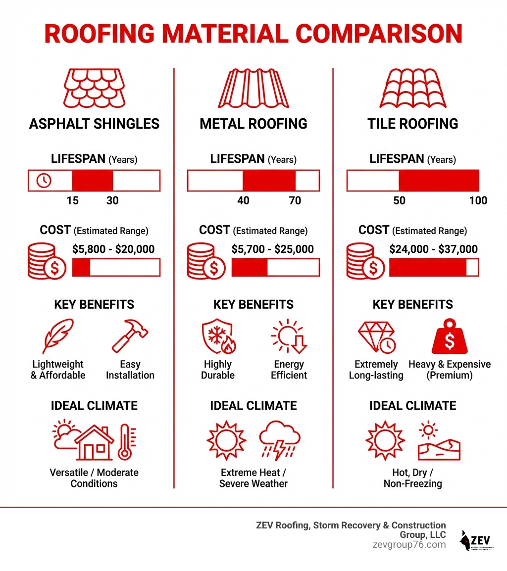 Infographic comparing asphalt shingles (15-30 year lifespan, $5,800-$20,000 cost, lightweight and affordable), metal roofing (40-70 year lifespan, $5,700-$25,000 cost, highly durable and energy efficient), and tile roofing (50-100 year lifespan, $24,000-$37,000 cost, extremely long-lasting but heavy and expensive), showing their relative costs, lifespans, key benefits, and ideal climate conditions - Roofing for homes infographic 