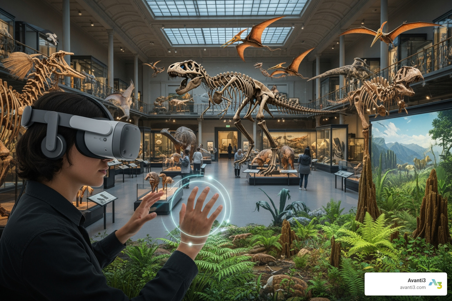 visitor using a mixed reality headset in a natural history setting - virtual reality exhibition london visitor using a mixed reality headset in a natural history setting - virtual reality exhibition london