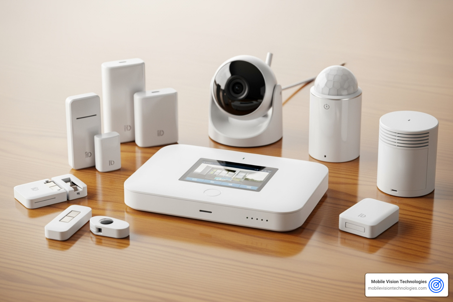 various smart security system components like sensors, a hub, and a camera - Smart security systems various smart security system components like sensors, a hub, and a camera - Smart security systems