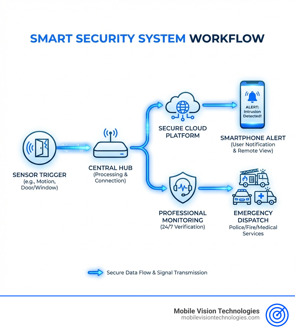 How a smart security system works from sensor trigger to phone notification and emergency dispatch - Smart security systems infographic How a smart security system works from sensor trigger to phone notification and emergency dispatch - Smart security systems infographic