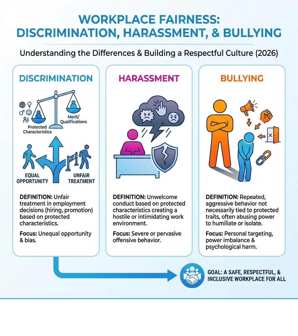 Infographic explaining the difference between workplace discrimination, harassment, and bullying - anti discrimination and harassment infographic Infographic explaining the difference between workplace discrimination, harassment, and bullying - anti discrimination and harassment infographic