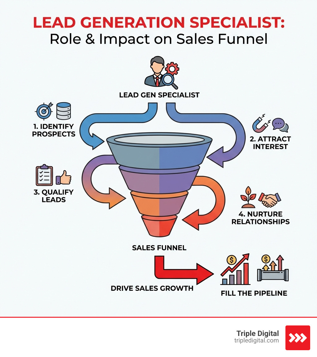 Infographic explaining the role and impact of a lead generation specialist on a business's sales funnel, showing how they identify, attract, qualify, and nurture leads to drive sales growth and fill the pipeline. - lead generation specialists infographic Infographic explaining the role and impact of a lead generation specialist on a business's sales funnel, showing how they identify, attract, qualify, and nurture leads to drive sales growth and fill the pipeline. - lead generation specialists infographic