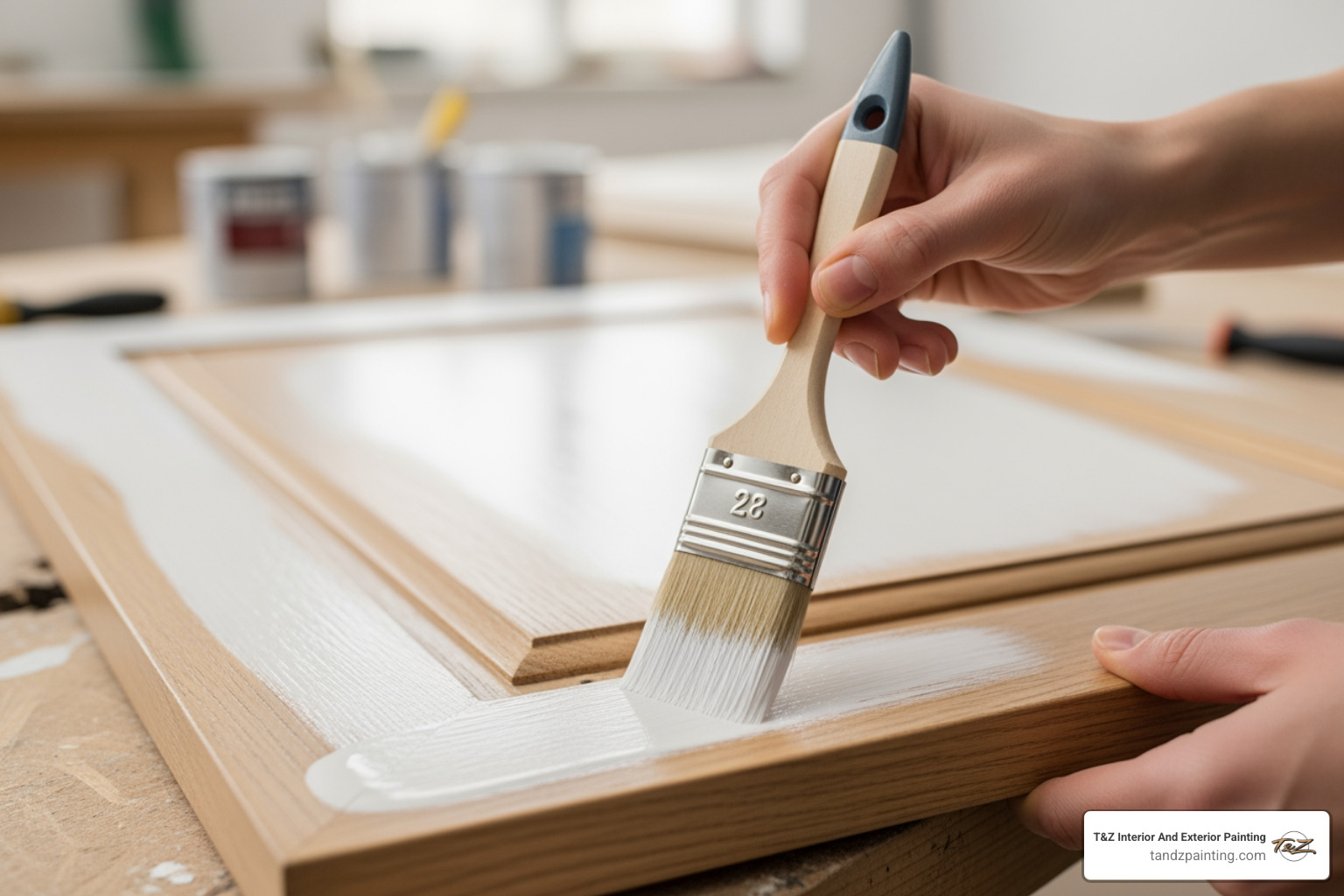 Person using a high-quality brush on a cabinet door - wood cupboard paint