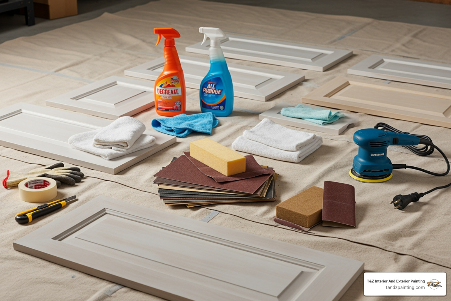Cabinet doors laid out for preparation, showing cleaning and sanding supplies - wood cupboard paint