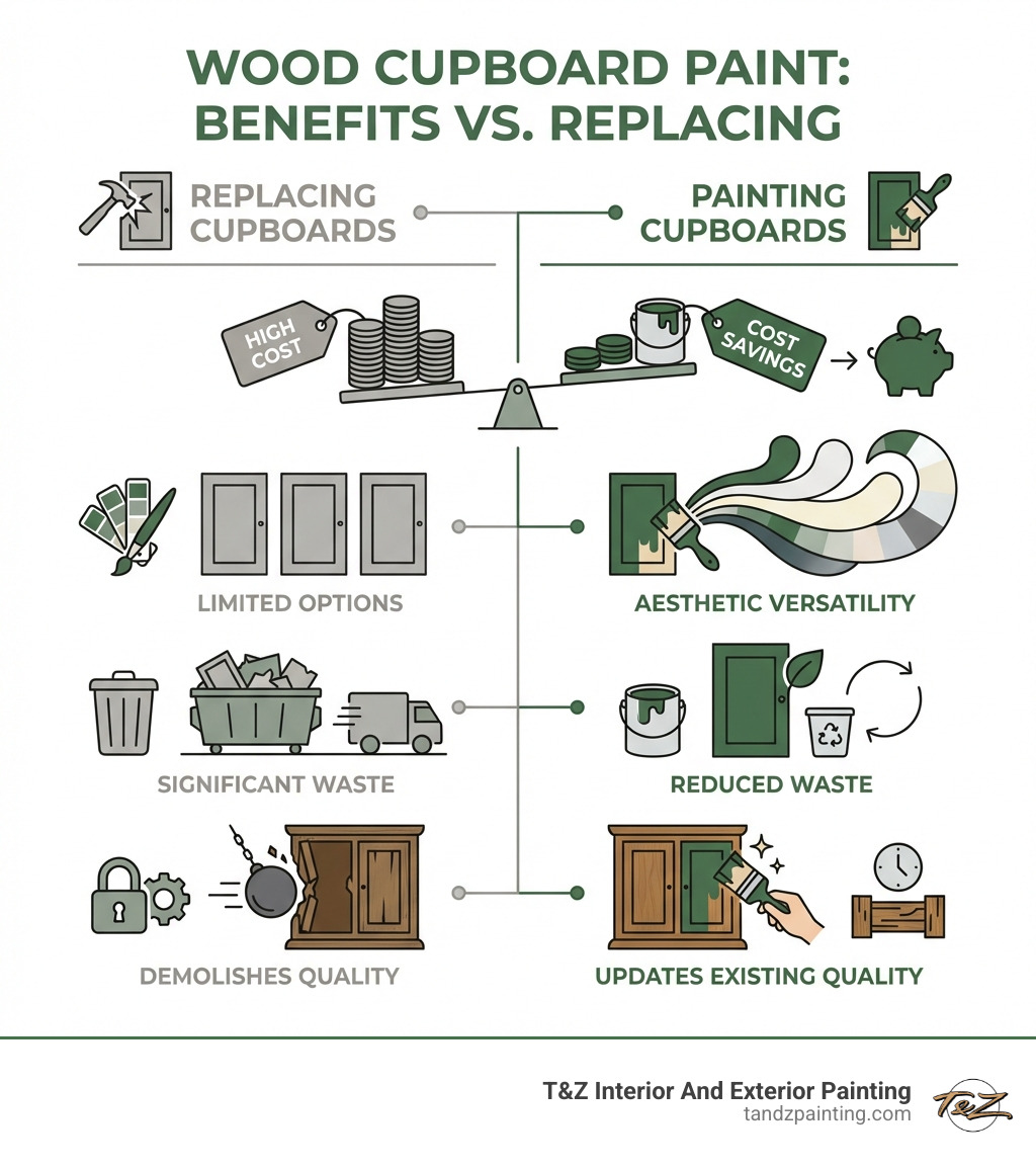 Infographic detailing the benefits of painting wood cupboards compared to replacing them, highlighting cost savings, aesthetic versatility, reduced waste, and the ability to update existing quality cabinetry - wood cupboard paint infographic 