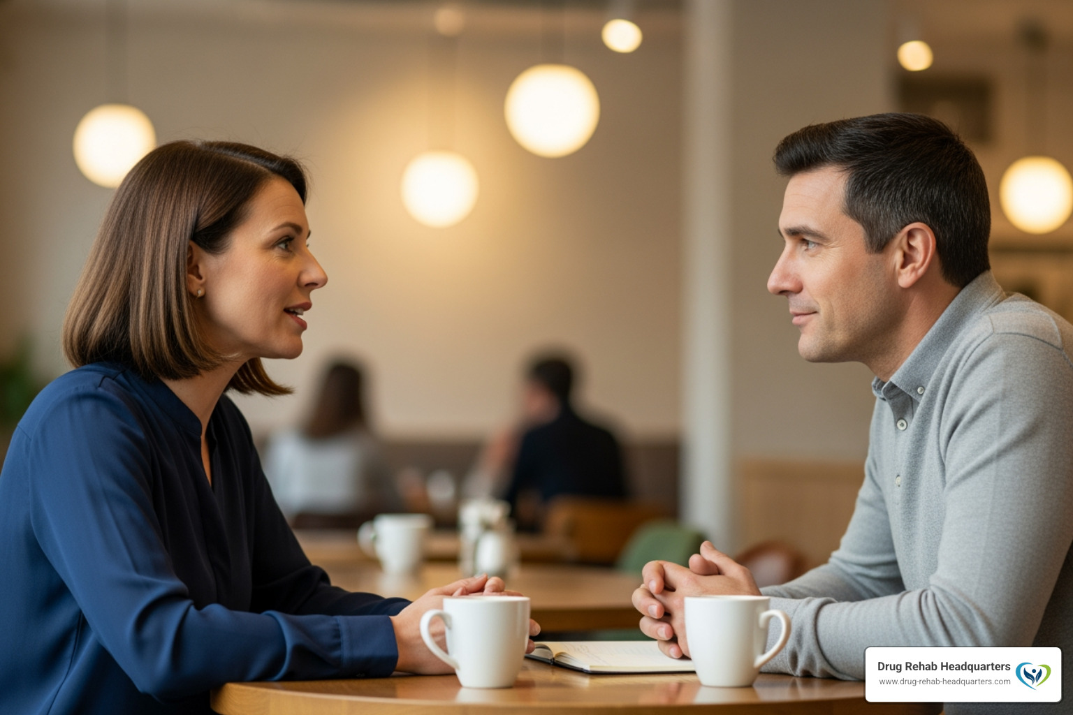 Image of two people engaged in a calm, constructive conversation, emphasizing active listening and respectful dialogue. - family addiction support