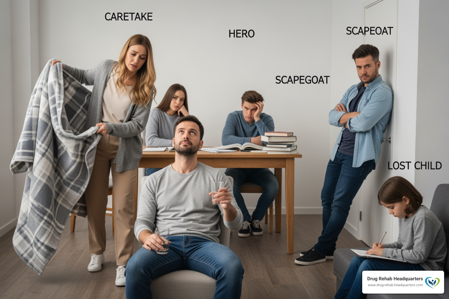 Image illustrating the common unhealthy family roles that can develop in a household affected by addiction, such as the enabler, hero, scapegoat, and lost child, surrounding the person with the addiction. - family addiction support