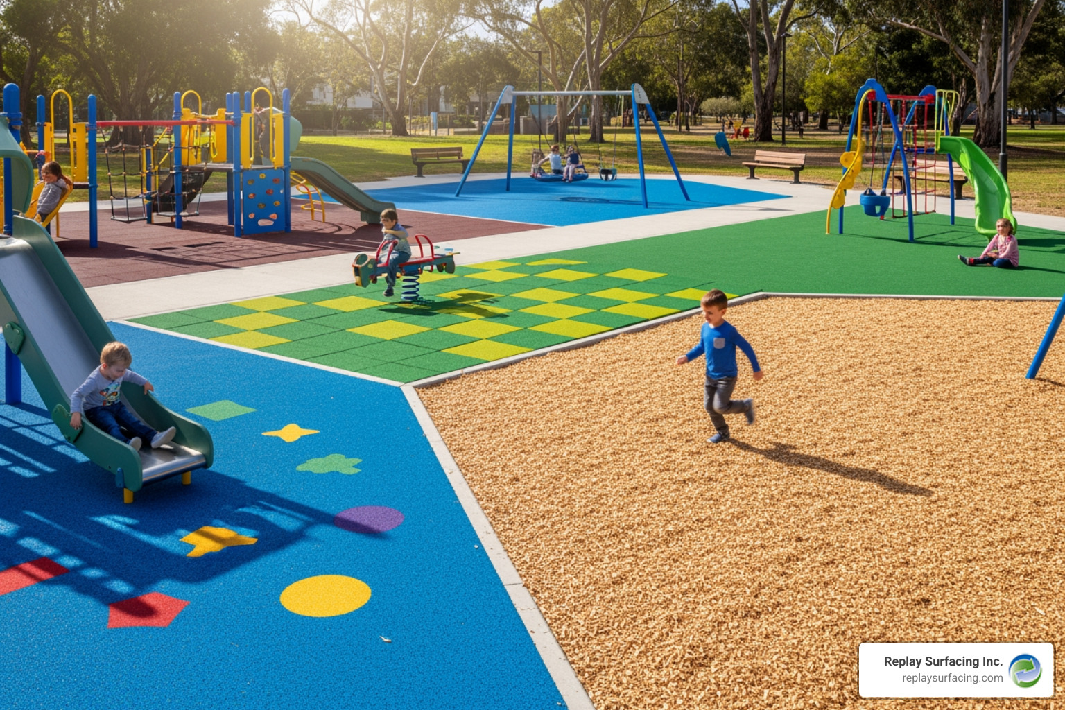 A measuring tape against a thick rubber tile illustrating fall height thickness, emphasizing precision in safety design. - exterior playground flooring