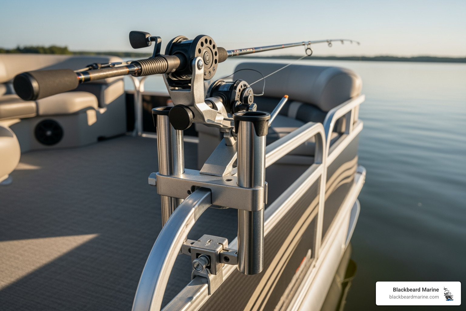 Close-up of an adjustable, high-quality pontoon boat fishing rod holder - pontoon boat fishing rod holder Close-up of an adjustable, high-quality pontoon boat fishing rod holder - pontoon boat fishing rod holder