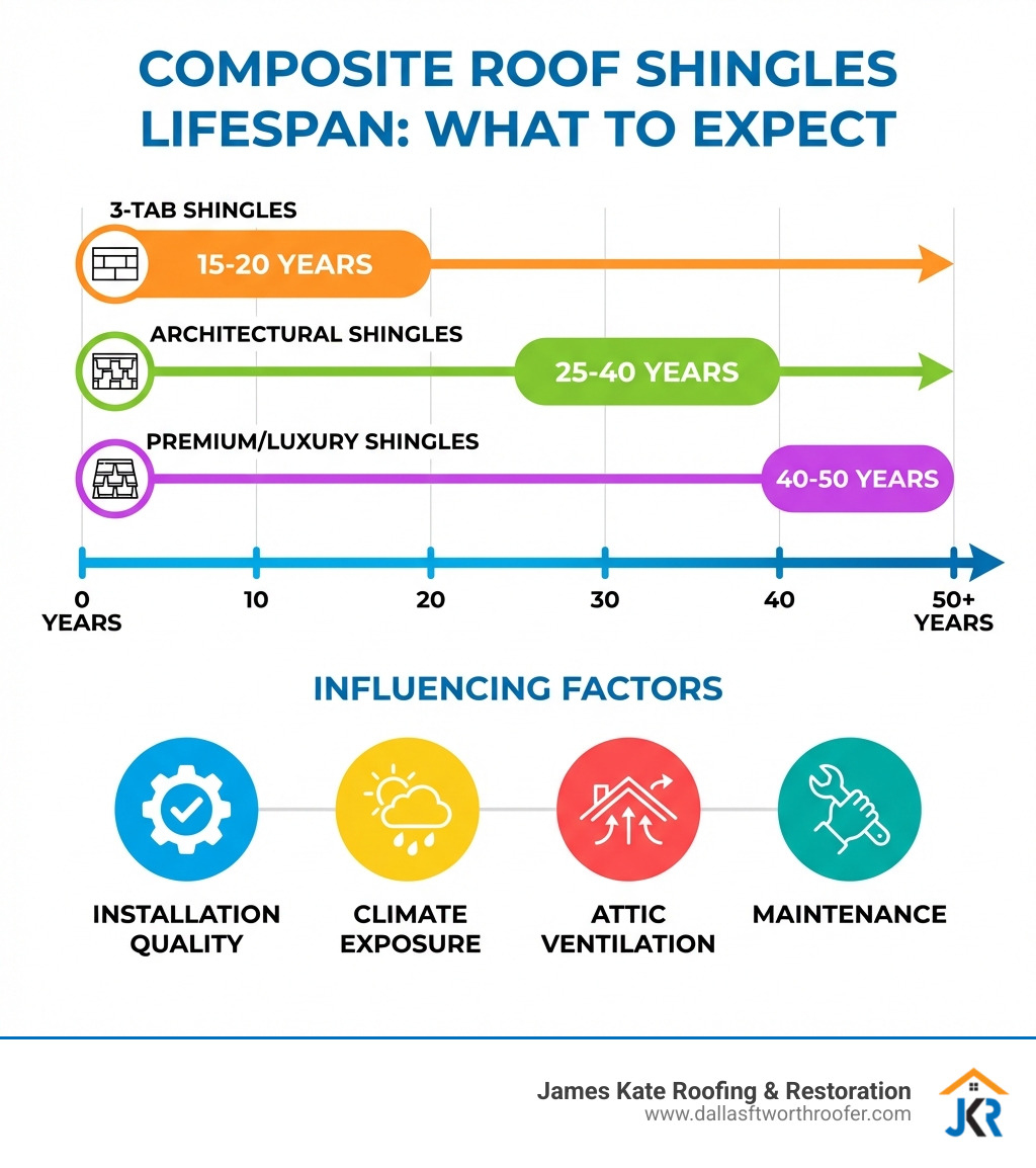 infographic showing the typical composite roof shingles lifespan ranges by type: 3-tab shingles lasting 15-20 years, architectural shingles lasting 25-40 years, and premium/luxury shingles lasting 40-50 years, with key factors like installation quality, climate exposure, attic ventilation, and maintenance listed as influencing factors - composite roof shingles lifespan infographic infographic showing the typical composite roof shingles lifespan ranges by type: 3-tab shingles lasting 15-20 years, architectural shingles lasting 25-40 years, and premium/luxury shingles lasting 40-50 years, with key factors like installation quality, climate exposure, attic ventilation, and maintenance listed as influencing factors - composite roof shingles lifespan infographic