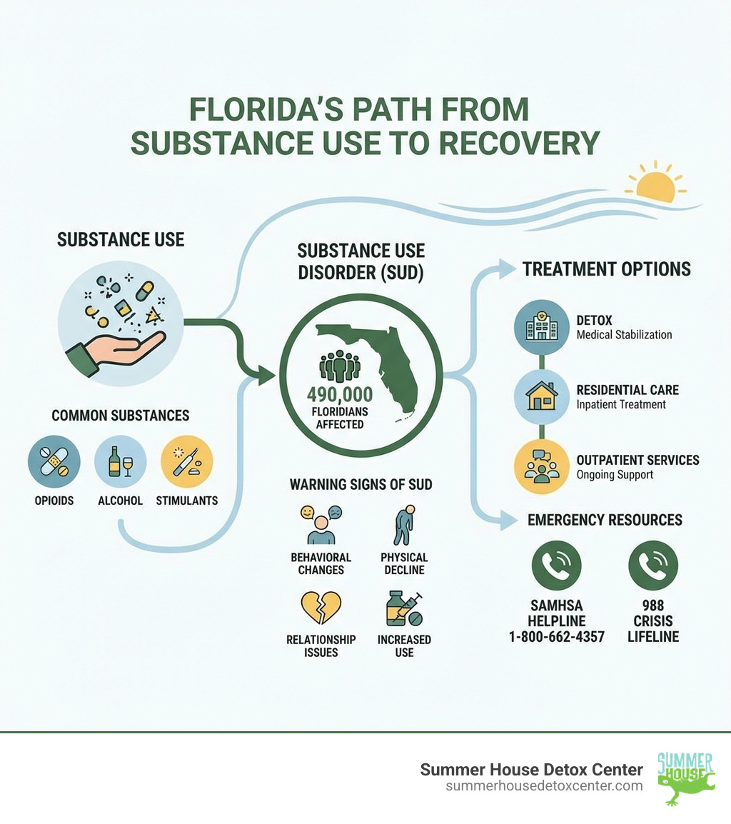 Infographic showing the path from substance use to substance use disorder to treatment options in Florida, including statistics on prevalence (490,000 Floridians affected), common substances (opioids, alcohol, stimulants), warning signs of SUD, levels of care available (detox, residential, outpatient), and emergency resources (SAMHSA helpline 1-800-662-4357, 988 Crisis Lifeline) - Florida substance abuse infographic Infographic showing the path from substance use to substance use disorder to treatment options in Florida, including statistics on prevalence (490,000 Floridians affected), common substances (opioids, alcohol, stimulants), warning signs of SUD, levels of care available (detox, residential, outpatient), and emergency resources (SAMHSA helpline 1-800-662-4357, 988 Crisis Lifeline) - Florida substance abuse infographic