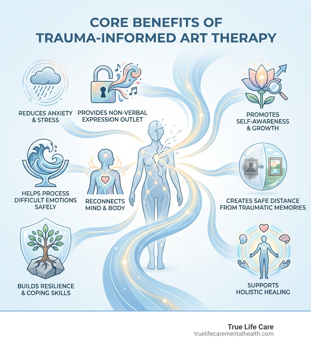 Infographic showing the core benefits of trauma-informed art therapy including: reduces anxiety and stress, provides non-verbal expression outlet, helps process difficult emotions safely, reconnects mind and body, builds resilience and coping skills, promotes self-awareness and growth, creates safe distance from traumatic memories, and supports holistic healing - trauma-informed art therapy activities infographic 