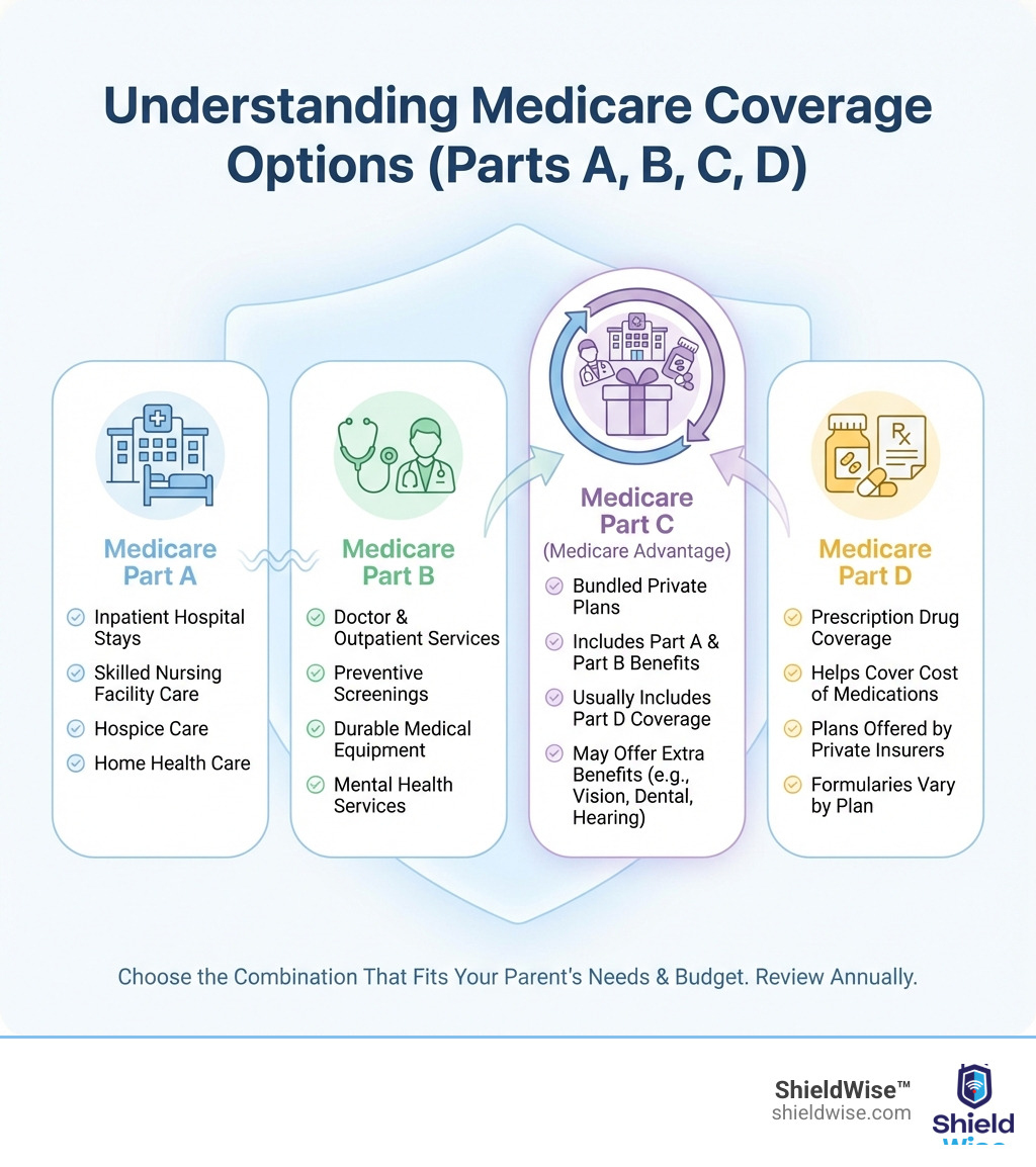 infographic showing Medicare Parts A B C and D with coverage details - how to help parents choose a medicare plan infographic infographic showing Medicare Parts A B C and D with coverage details - how to help parents choose a medicare plan infographic