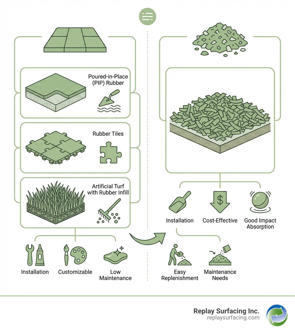 Infographic showing the key differences between unitary playground surfaces (poured-in-place rubber, rubber tiles, artificial turf) and loose-fill rubber mulch, highlighting their structure, installation, and general characteristics - exterior playground flooring infographic 