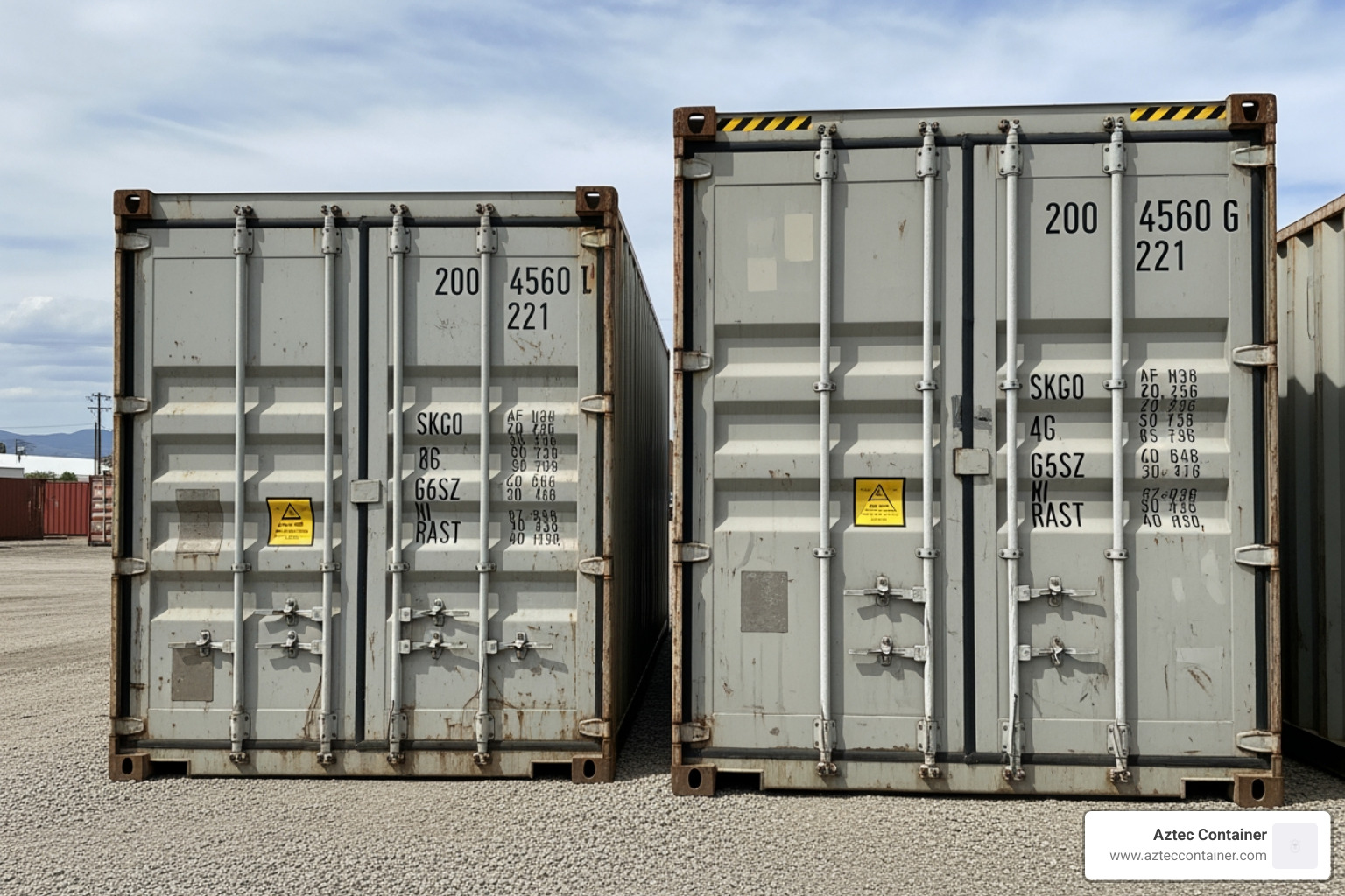 different container sizes (10ft, 20ft, 40ft) side-by-side for scale - Portable container solutions