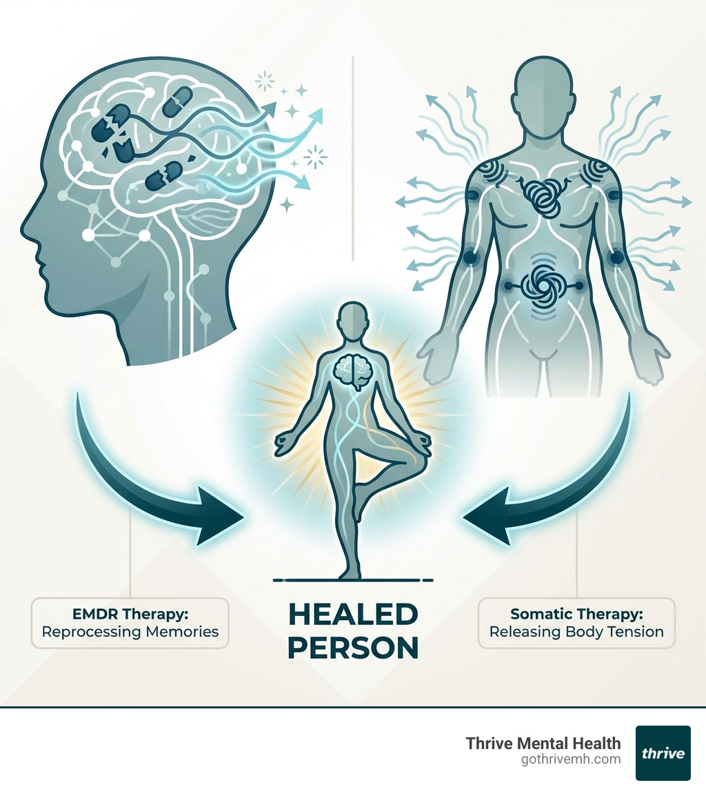 infographic showing EMDR reprocessing memories in the brain on one side and somatic therapy releasing body tension on the other, with arrows pointing to a central healed person - emdr and somatic therapy infographic 