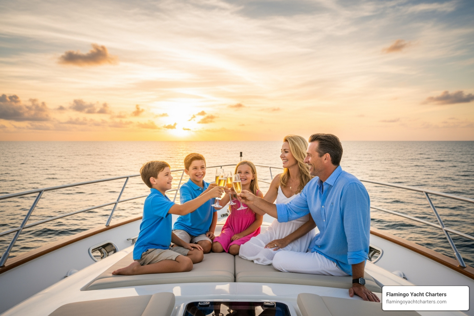 Family enjoying a private toast on the bow of a luxury yacht - father's day dinner cruise