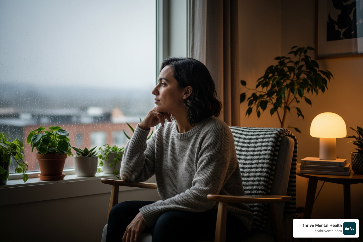 person looking thoughtfully out a window, symbolizing contemplation about their mental health journey - what is an iop