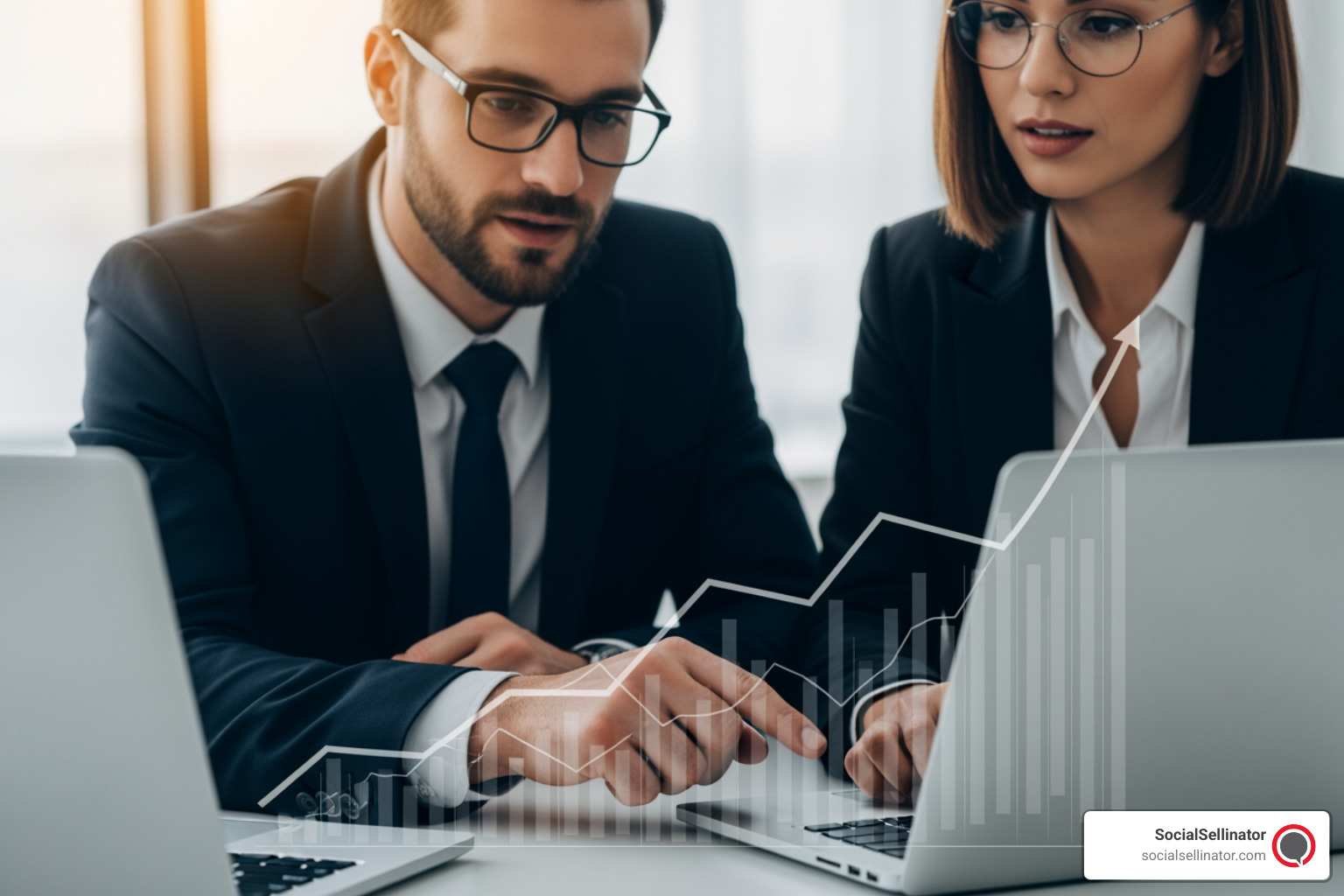 Two business professionals reviewing data on a laptop, with an upward-trending chart overlay, symbolizing growth and successful collaboration. The image has a clean, modern aesthetic. - seo service provider near me Two business professionals reviewing data on a laptop, with an upward-trending chart overlay, symbolizing growth and successful collaboration. The image has a clean, modern aesthetic. - seo service provider near me