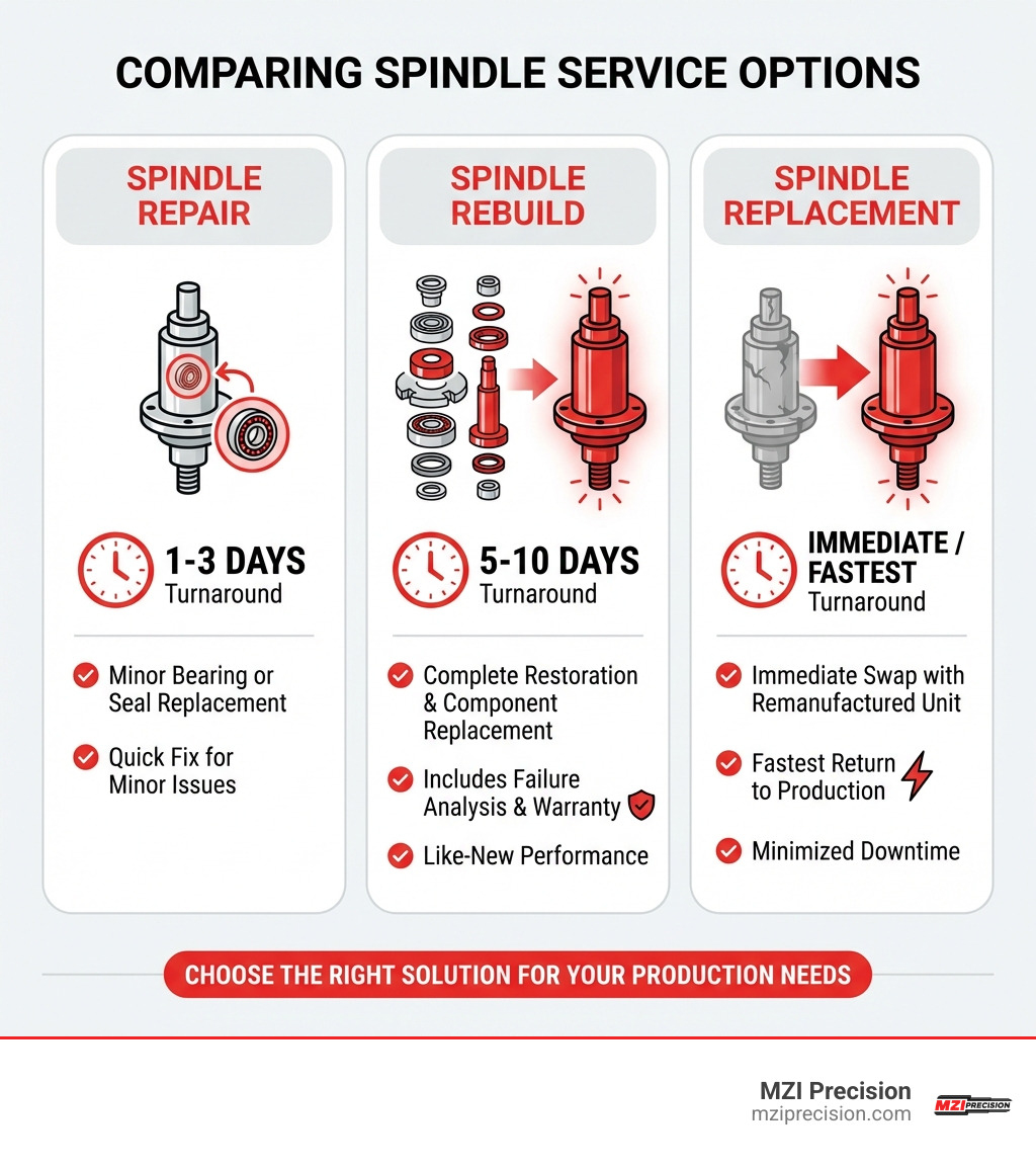 INFOGRAPHIC COMPARING THREE SPINDLE SERVICE OPTIONS: SPINDLE REPAIR FOR MINOR BEARING OR SEAL REPLACEMENT WITH 1-3 DAY TURNAROUND, SPINDLE REBUILD FOR COMPLETE RESTORATION WITH COMPONENT REPLACEMENT AND 5-10 DAY TURNAROUND INCLUDING FAILURE ANALYSIS AND WARRANTY, AND SPINDLE REPLACEMENT FOR IMMEDIATE SWAP OF DAMAGED SPINDLE WITH REMANUFACTURED UNIT OFFERING FASTEST RETURN TO PRODUCTION - SPINDLE REBUILD SERVICE INFOGRAPHIC 